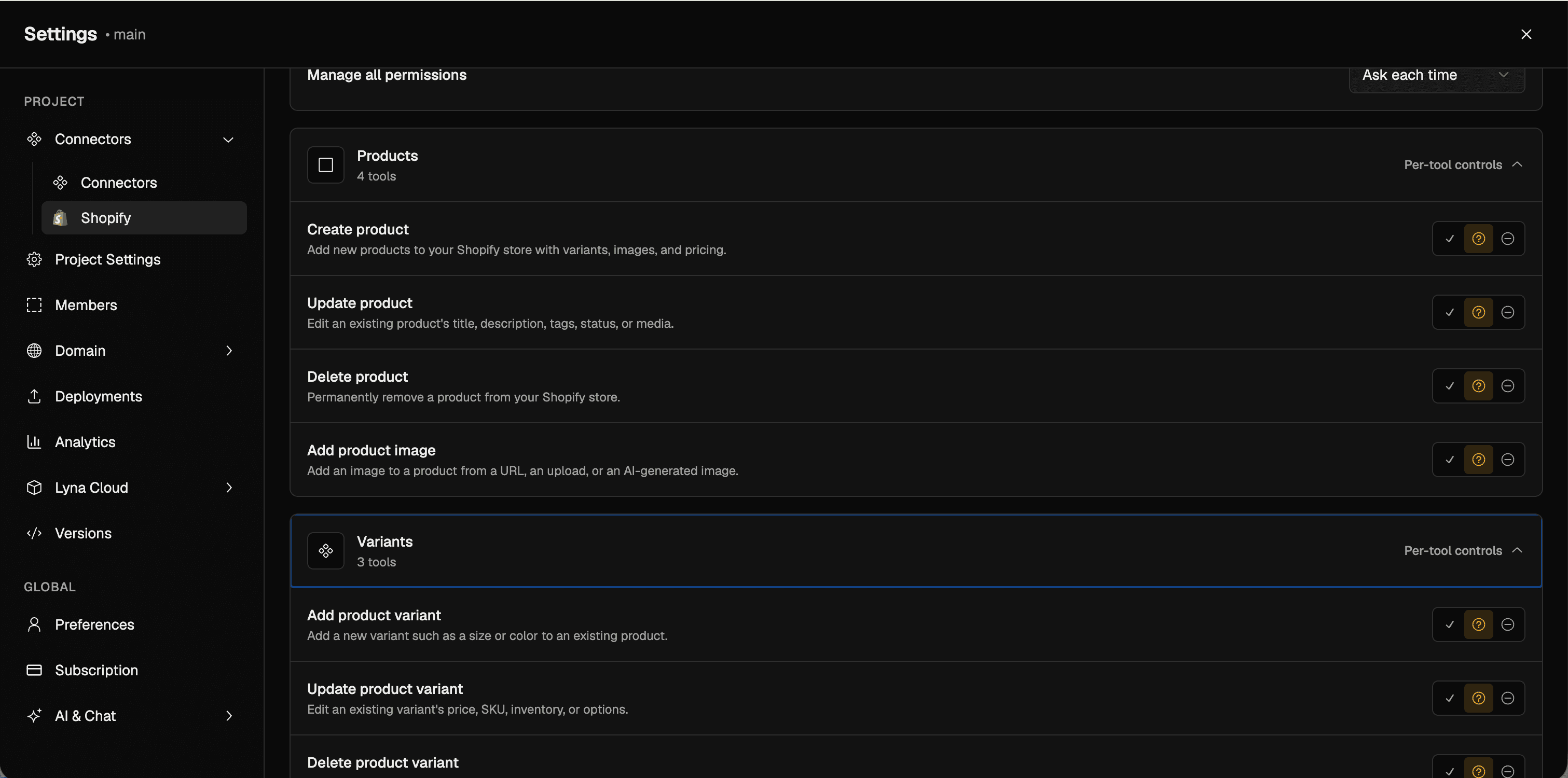 Per-tool permission matrix expanded