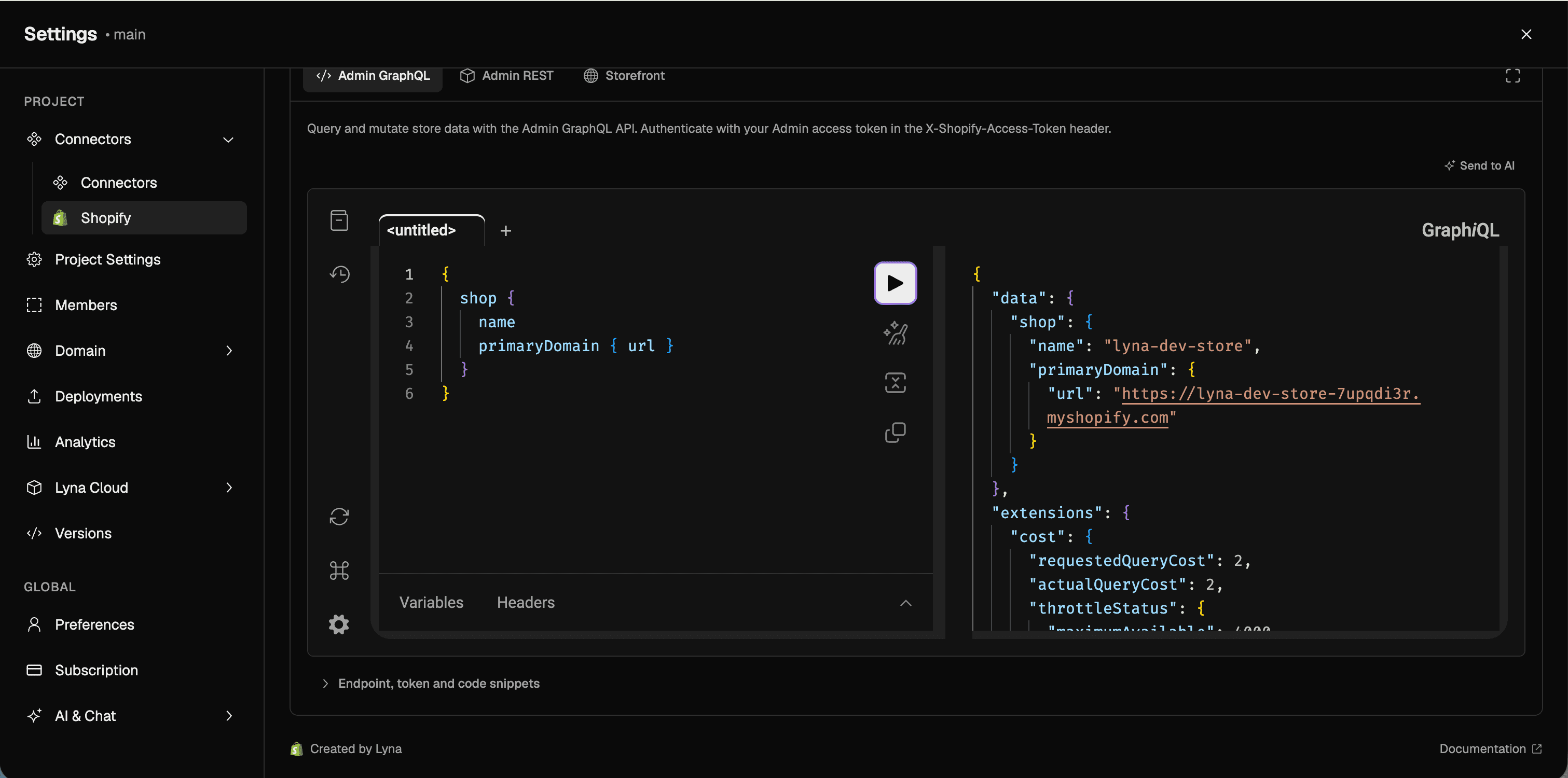 Admin GraphQL request and response in the API Explorer