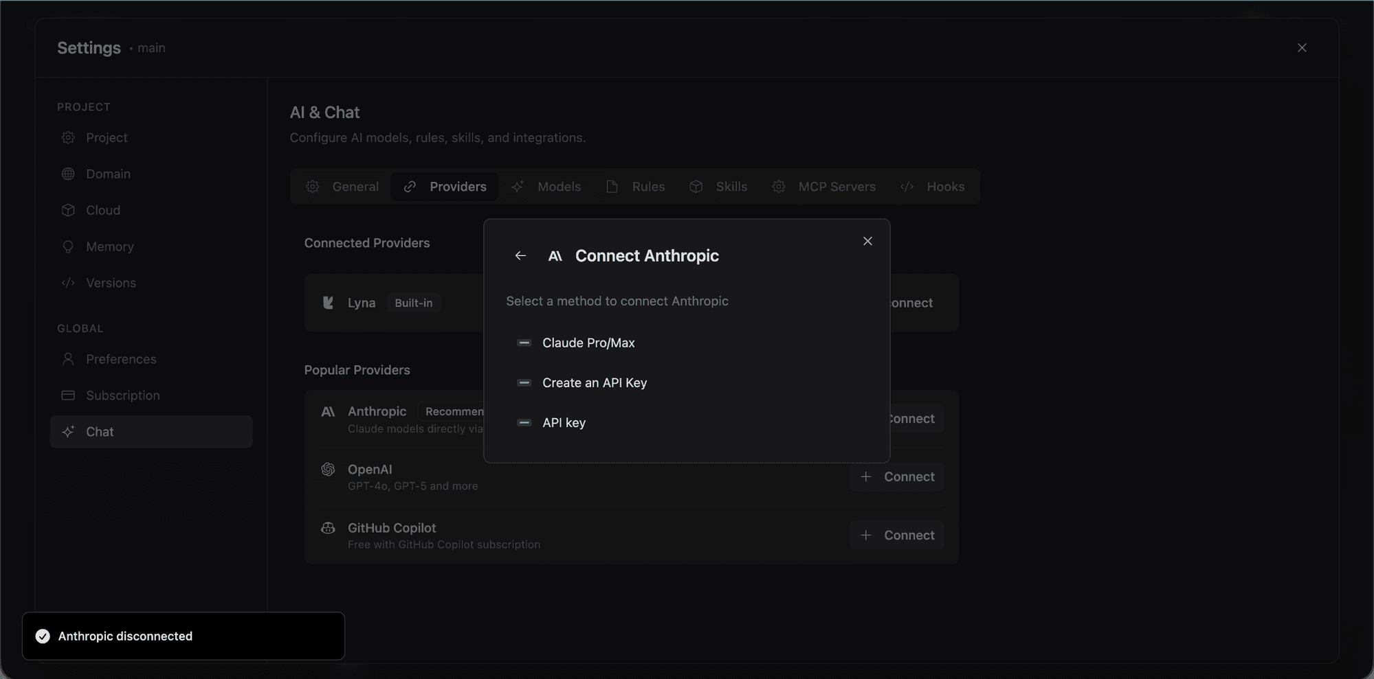 Connect Anthropic dialog with OAuth and API key options