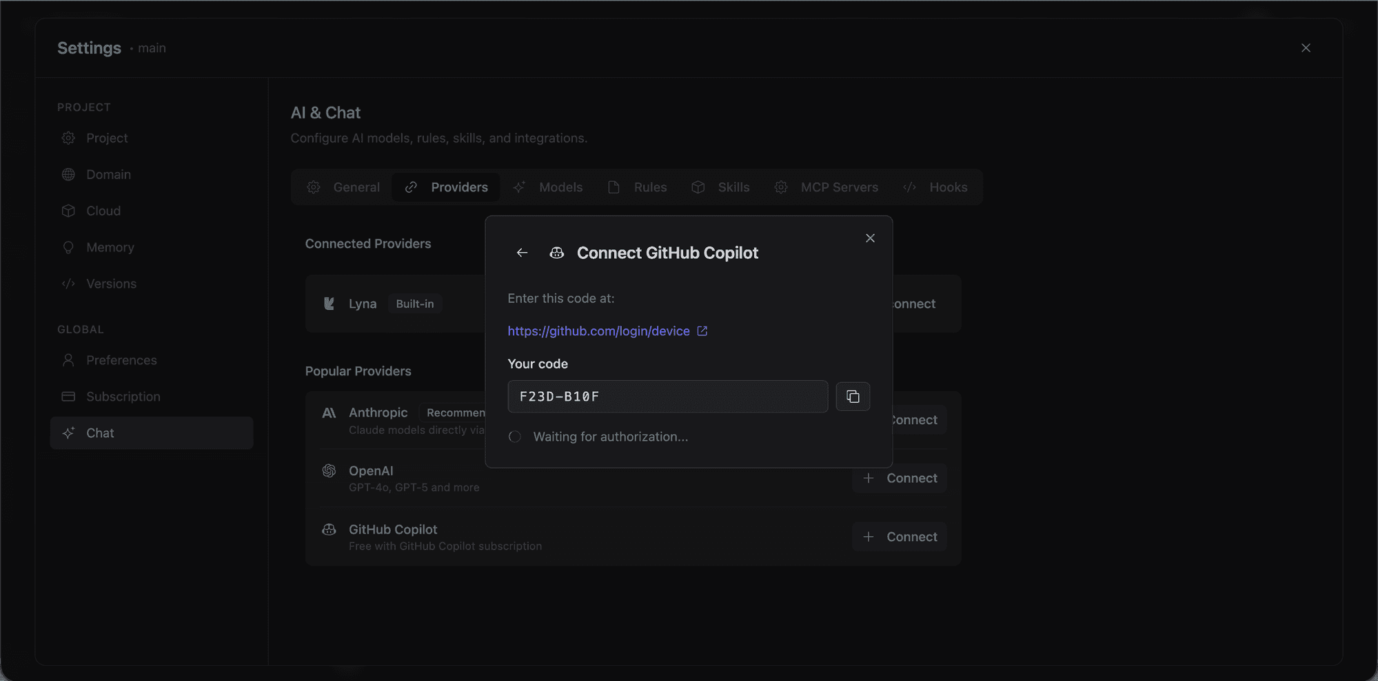 GitHub Copilot device code authorization flow