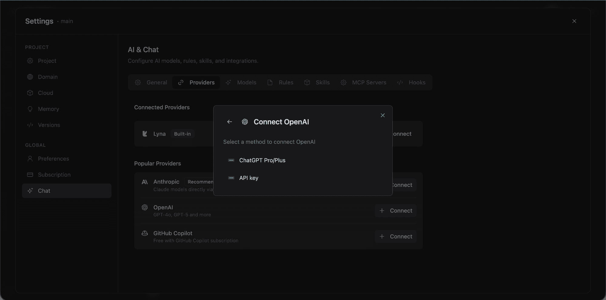Connect OpenAI dialog with subscription and API key options