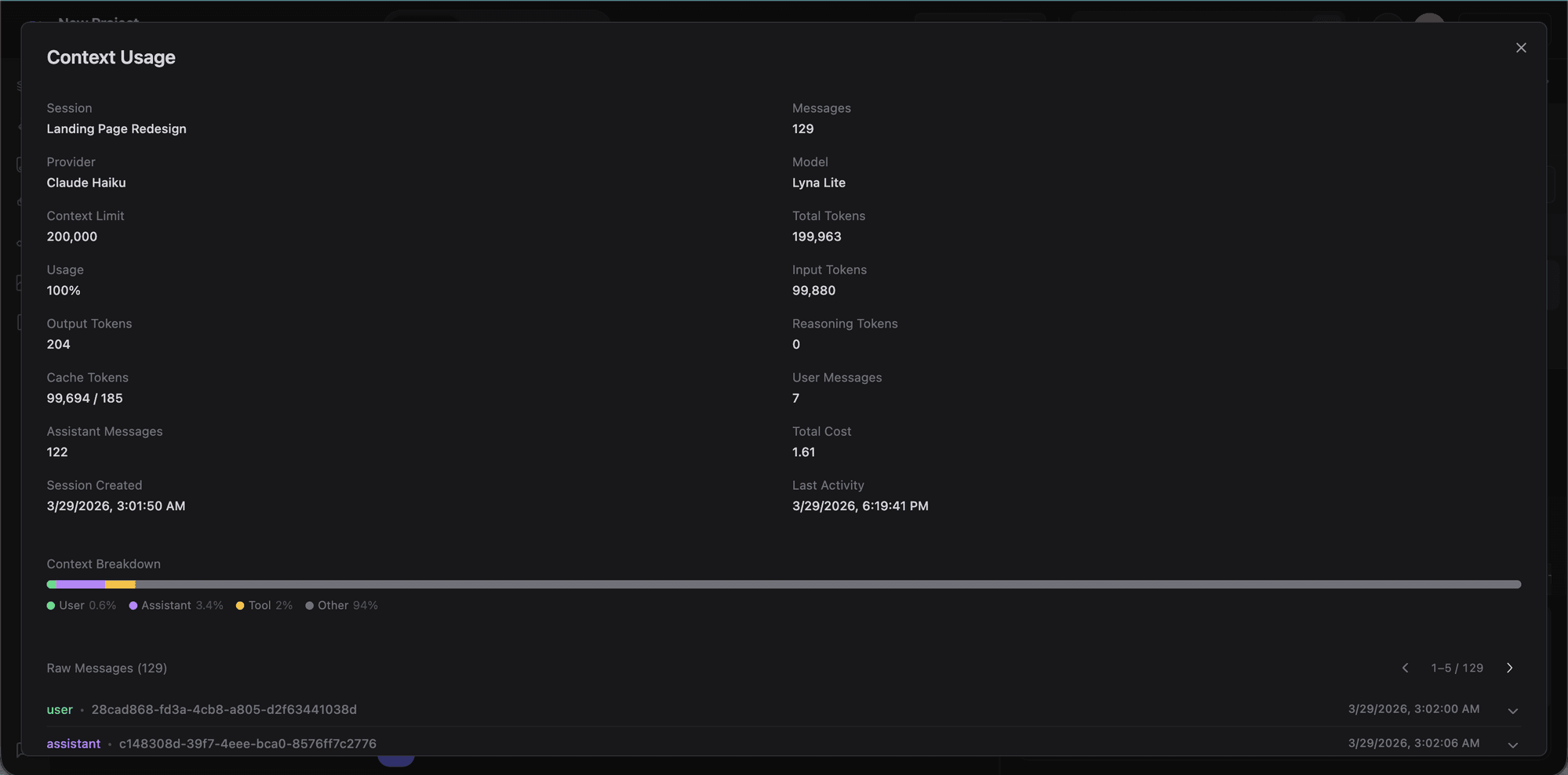 Context usage dialog with session statistics