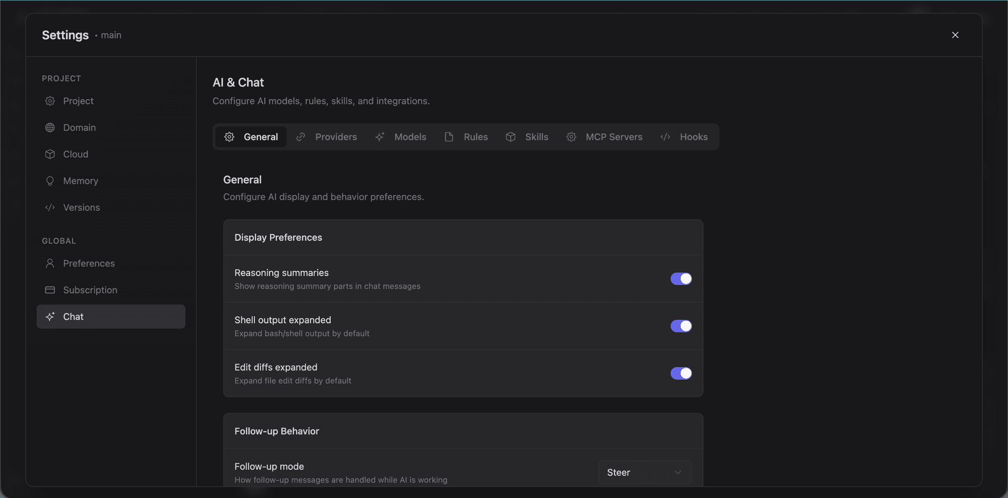 AI & Chat general settings with display and behavior preferences
