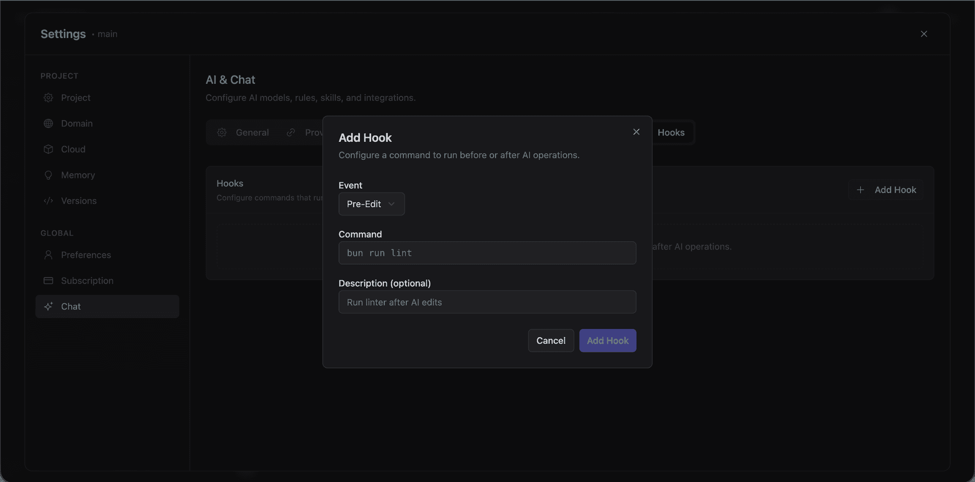 Add Hook dialog with event type, command, and description