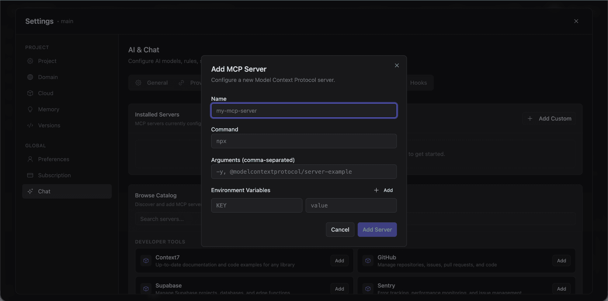 Add MCP Server dialog with name, command, arguments, and environment variables