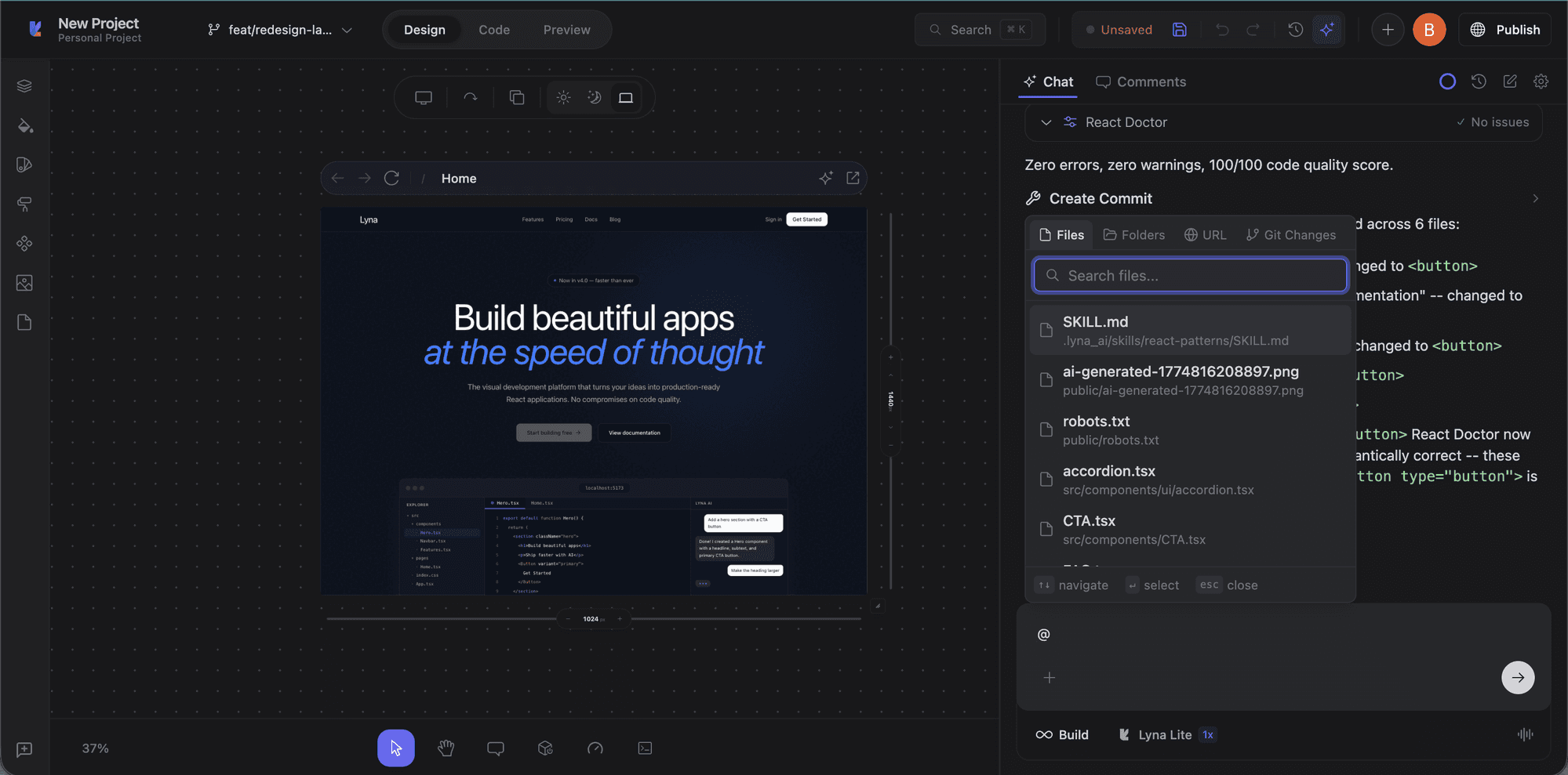@ mention picker with Files, Folders, URL, and Git Changes tabs
