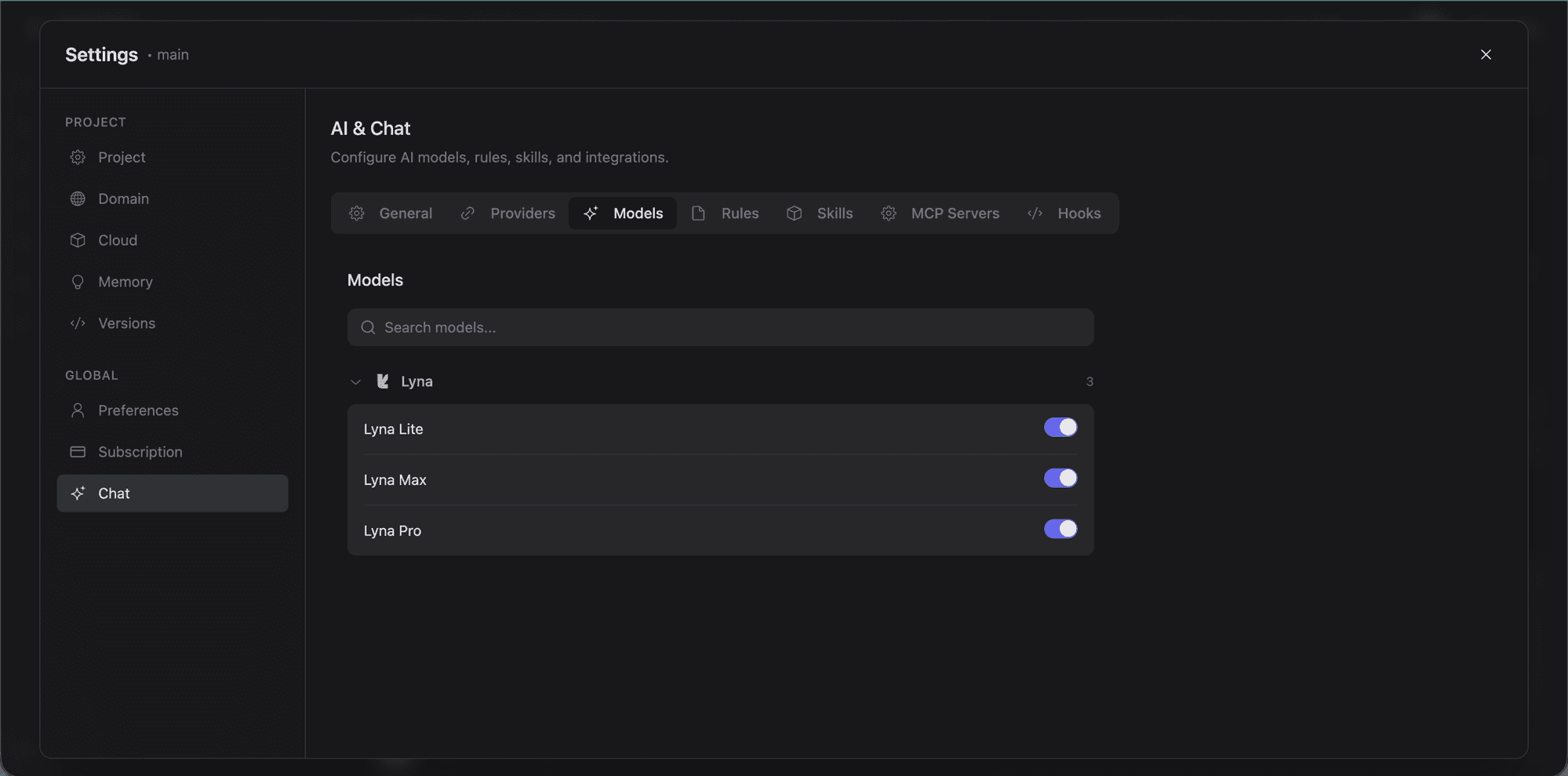 Lyna models in the model selector