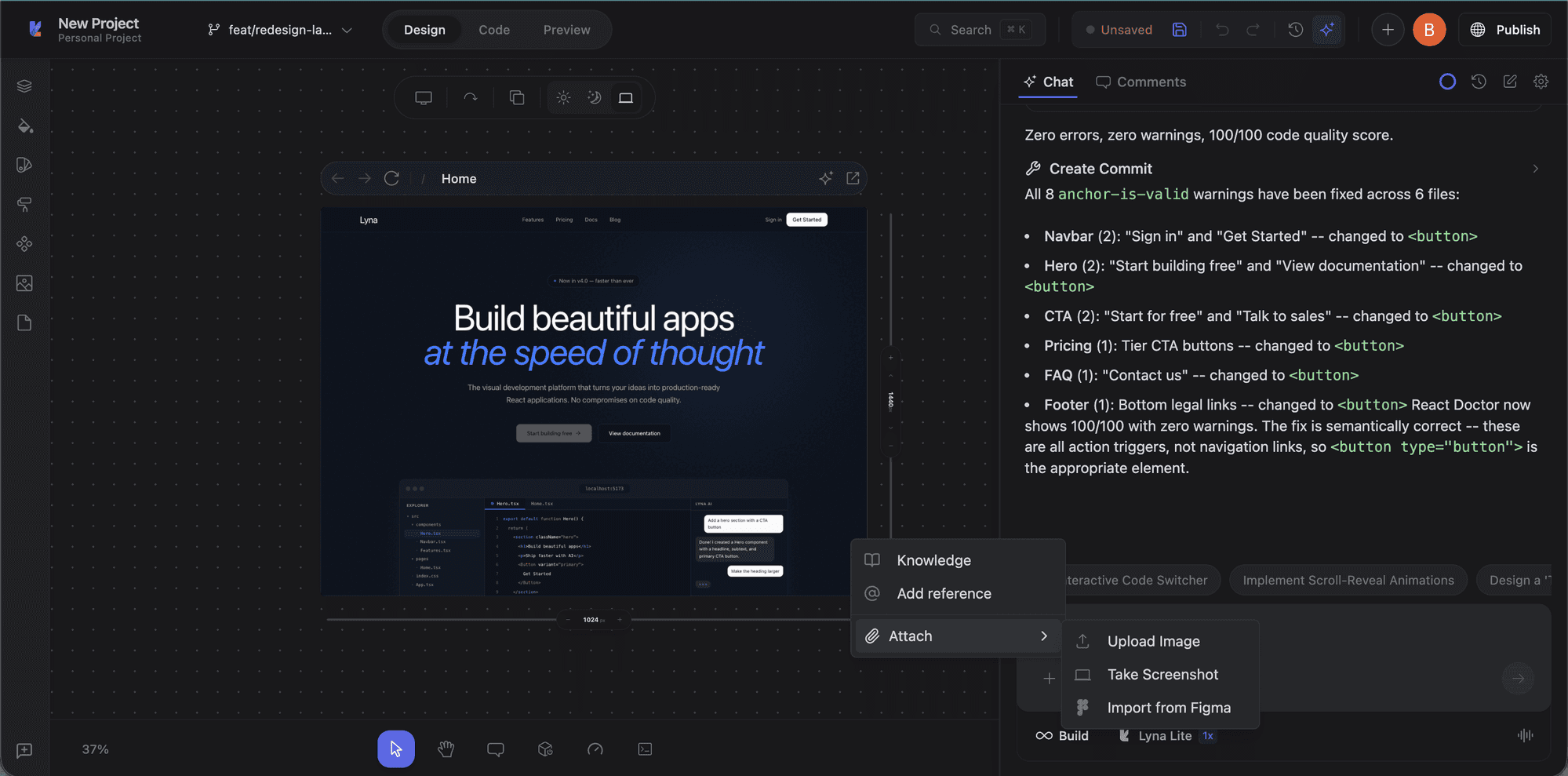 Chat plus menu with Knowledge, Add reference, and Attach options