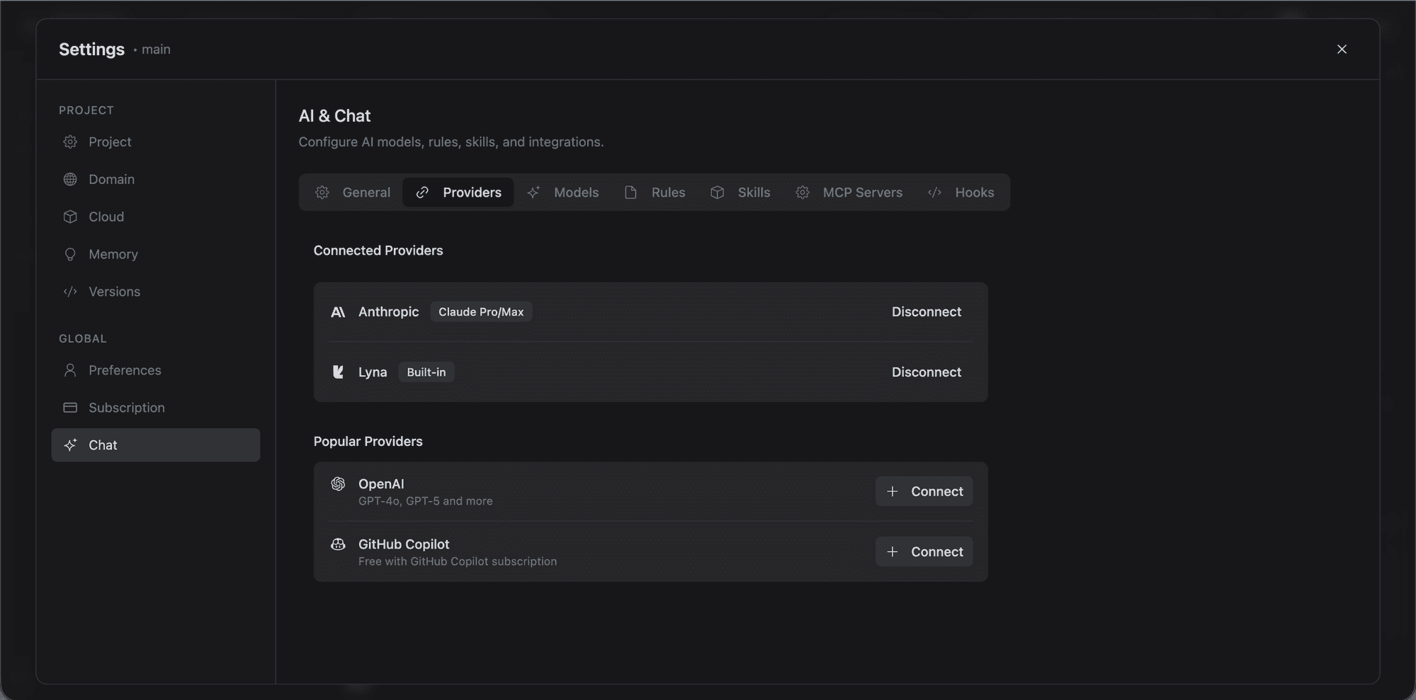 AI providers settings with connected and available providers