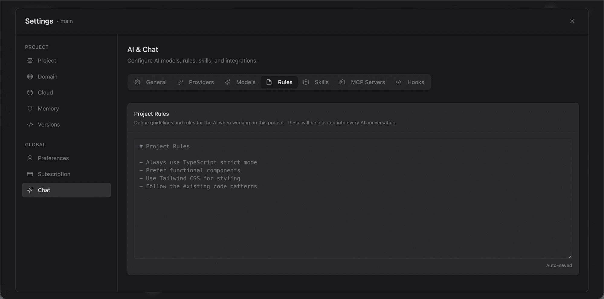 Project rules editor