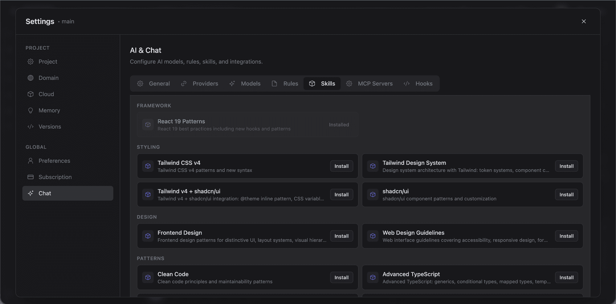 Skills browser with framework, styling, design, and pattern categories