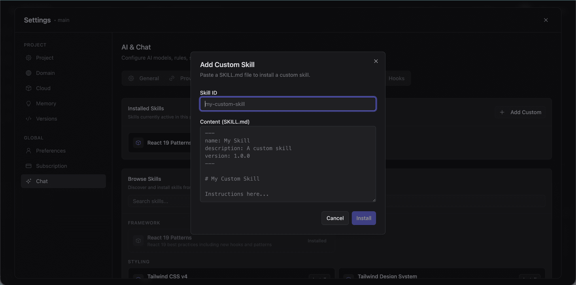 Adding a custom skill with ID and SKILL.md content