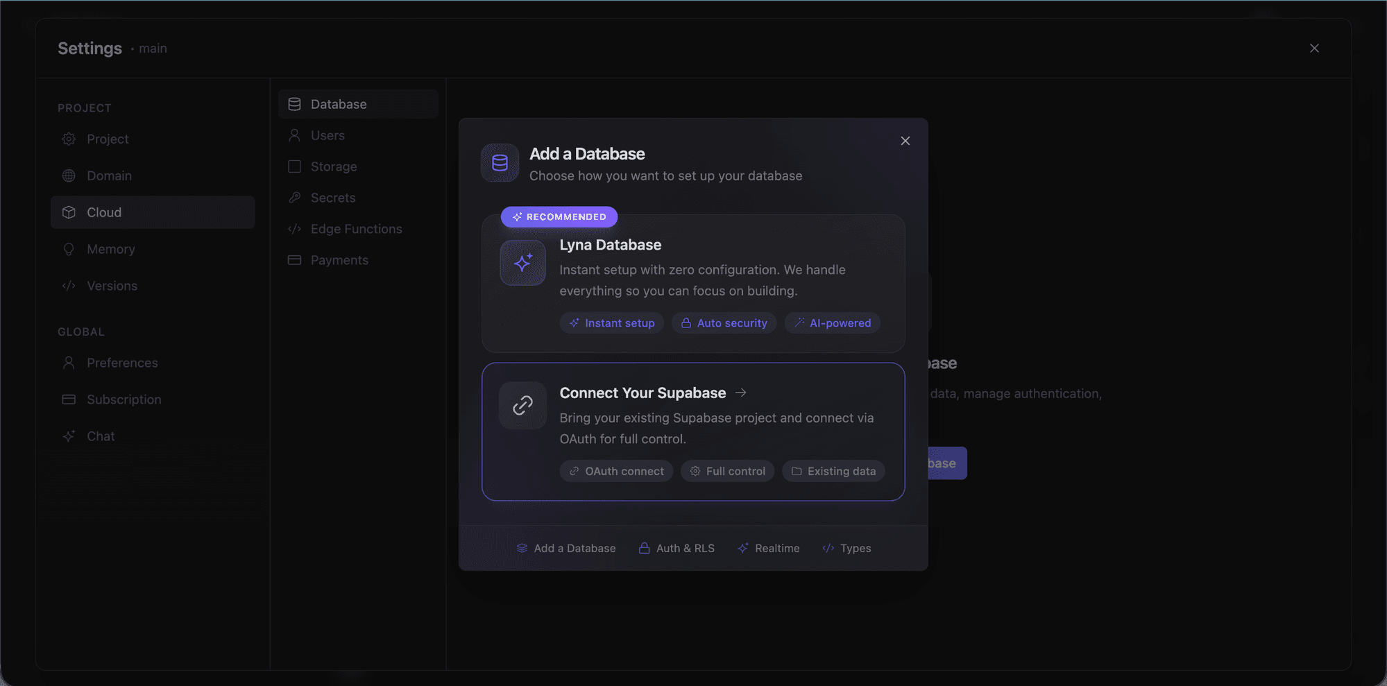 Add database dialog with Lyna Database and Connect Your Supabase options