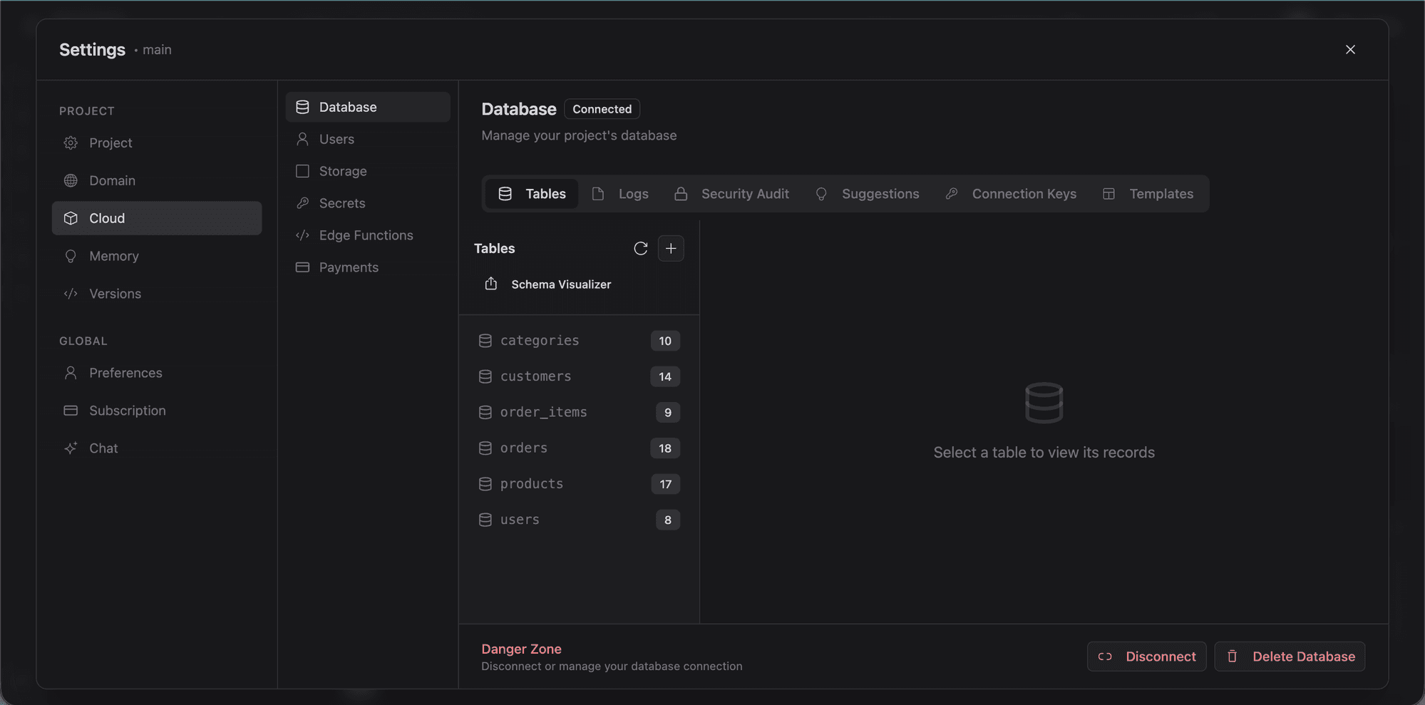 Database tables view with table list and row counts