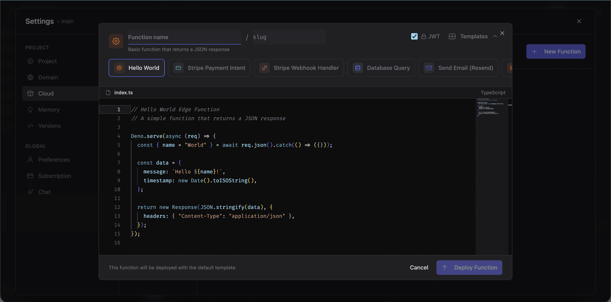 New edge function with template selection and code editor