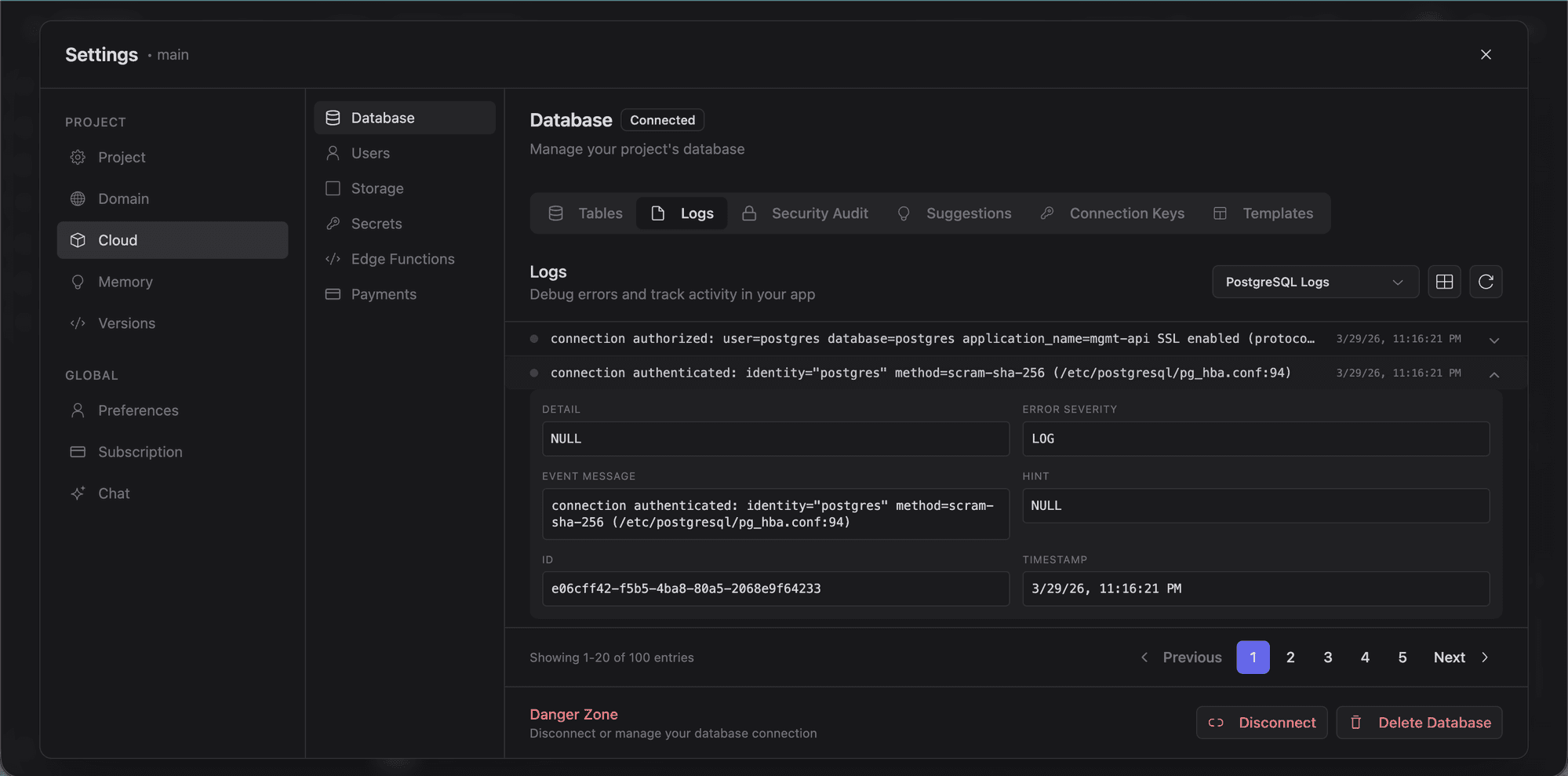 Database logs with PostgreSQL connection and query activity