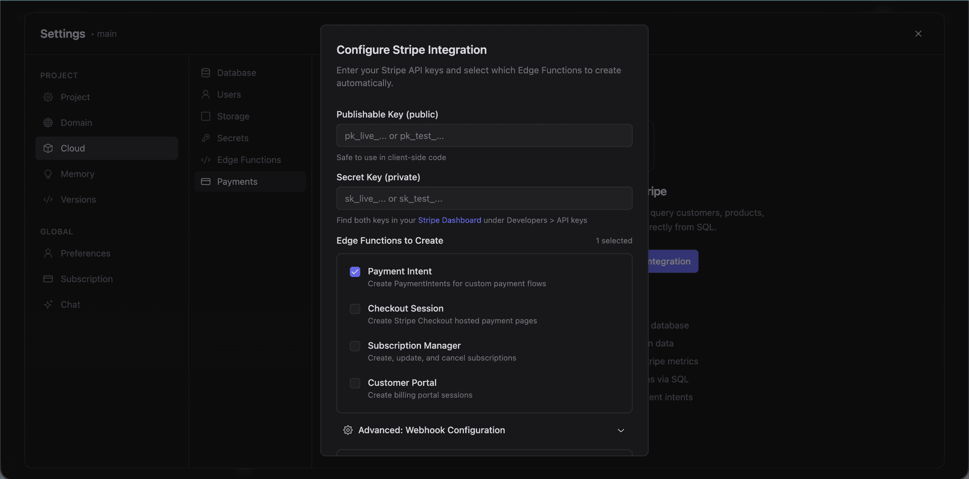 Configure Stripe integration with API keys and edge function selection