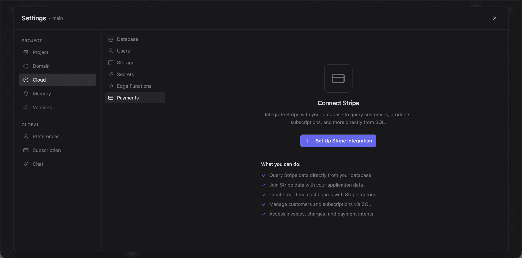 Payments tab with Connect Stripe option