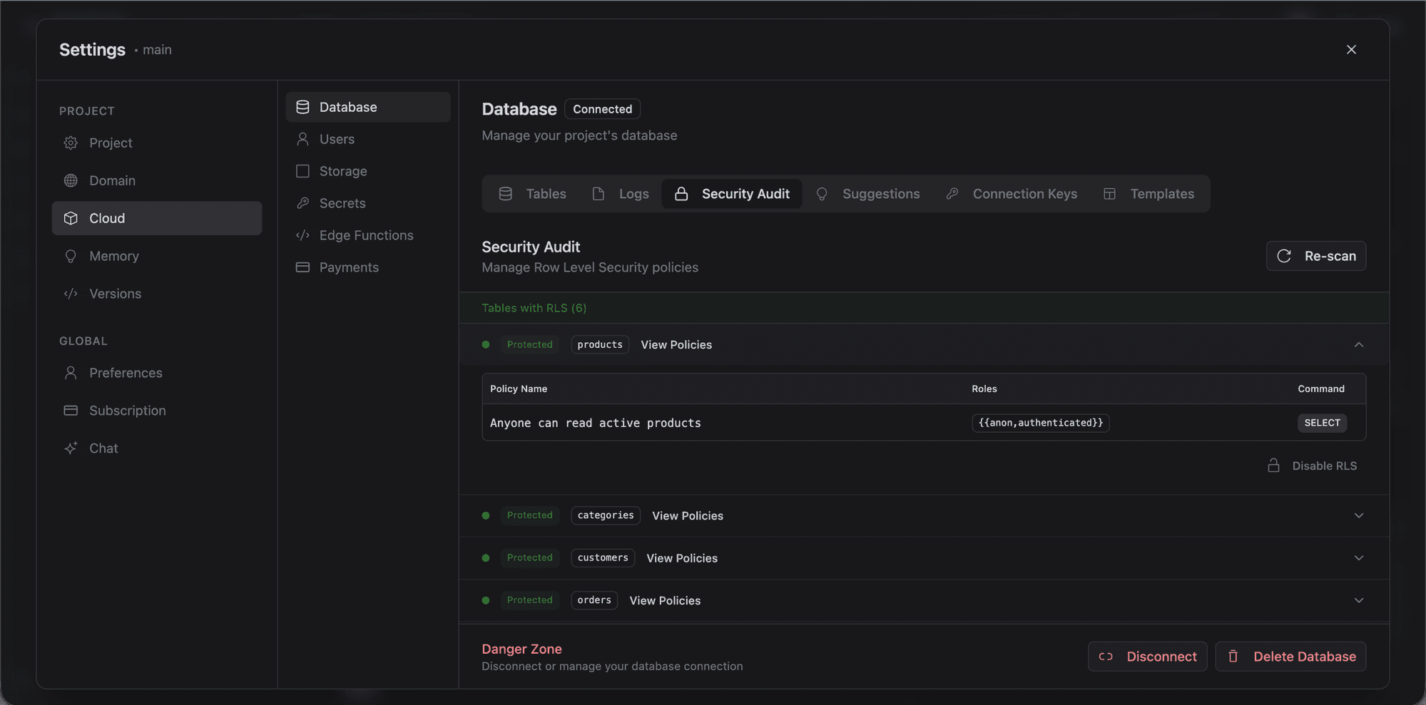 Security audit showing RLS policies per table