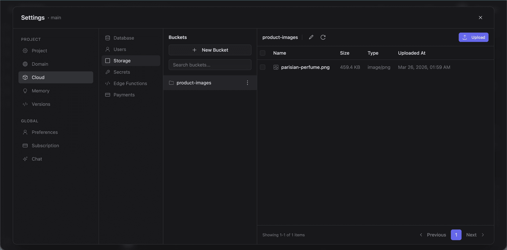 Storage file browser with buckets and uploaded files