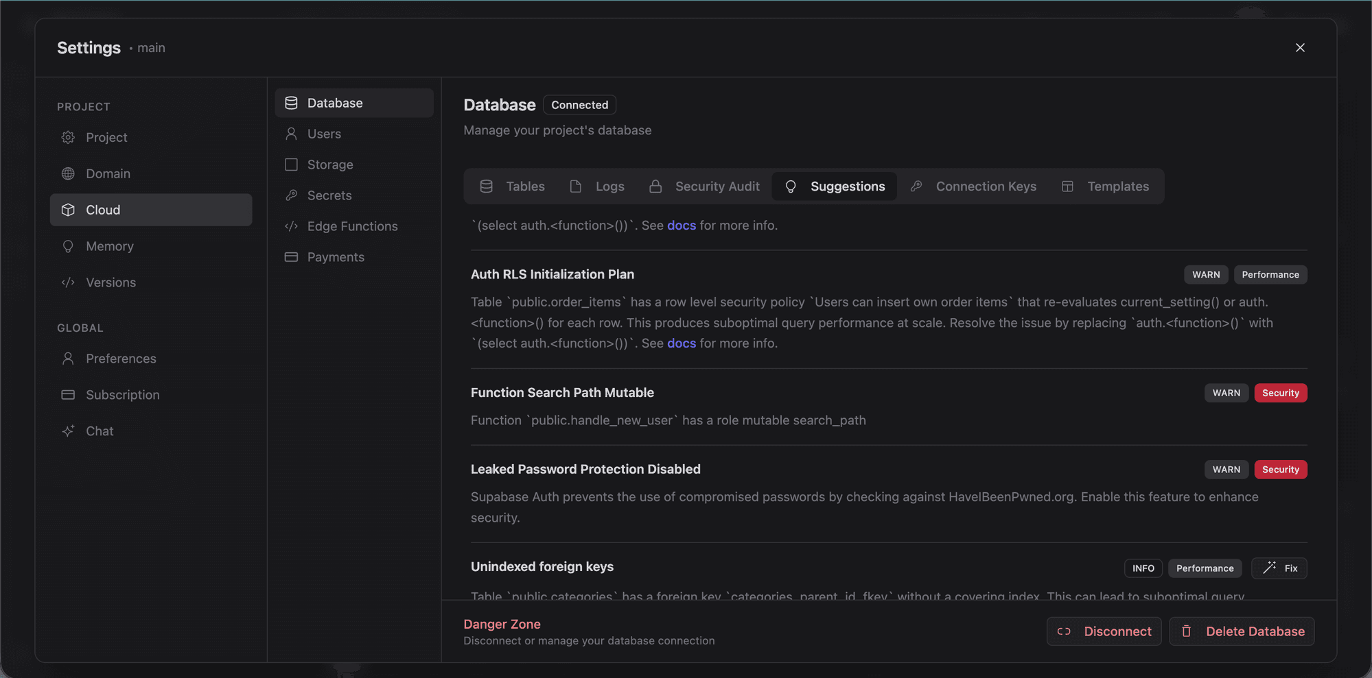 Database suggestions with performance and security recommendations
