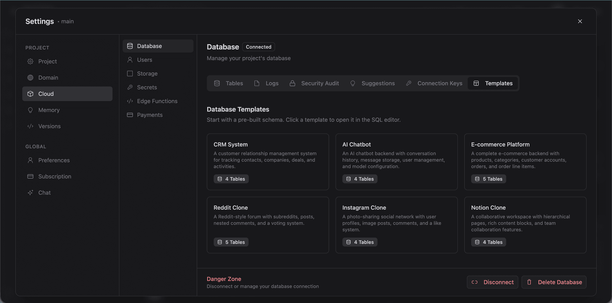 Database templates with pre-built schemas