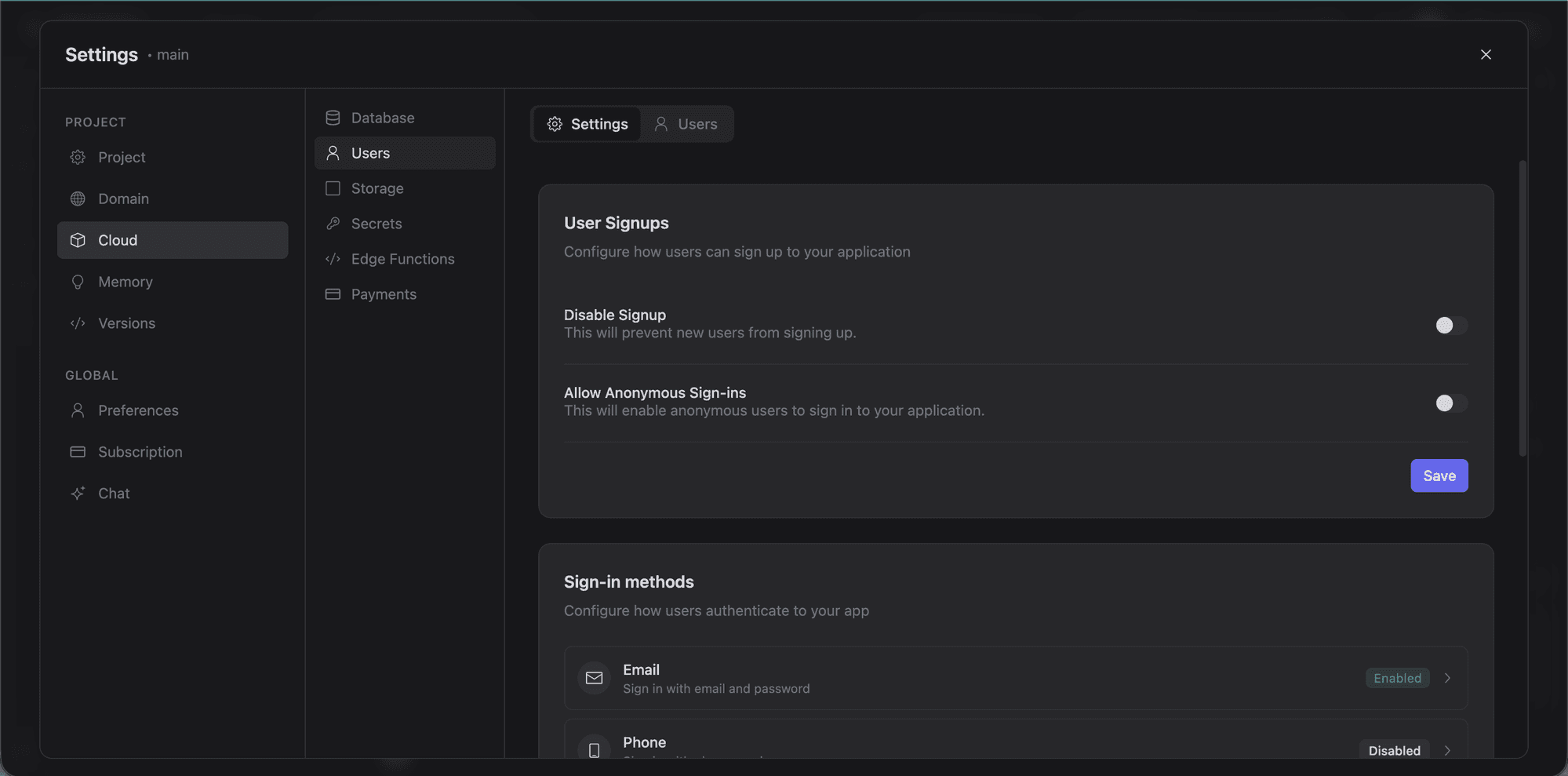 Auth settings with signup configuration and sign-in methods