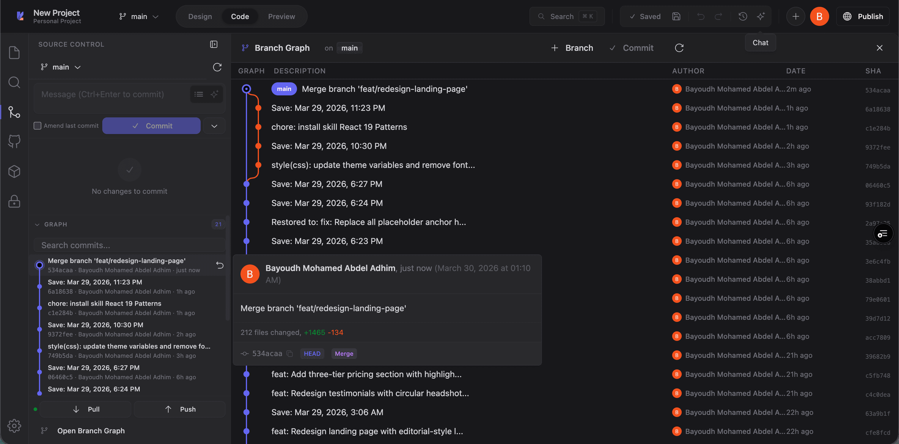 Commit details popup showing author, date, and files changed