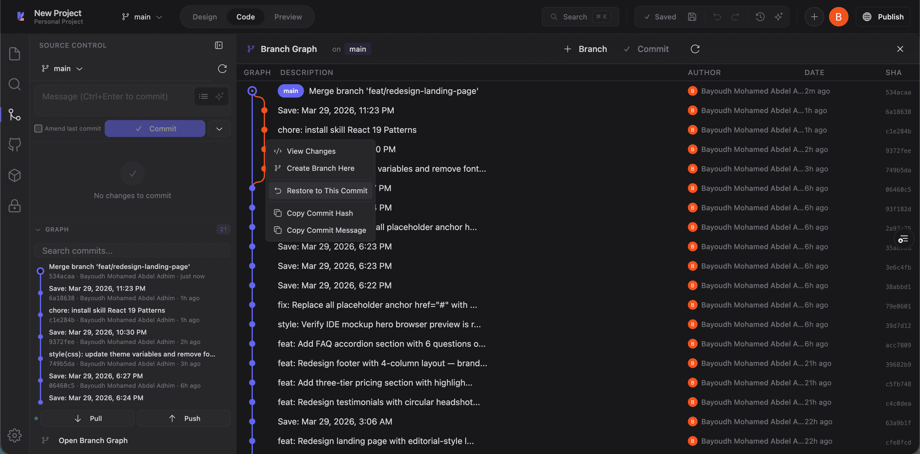 Right-click context menu on a commit with options