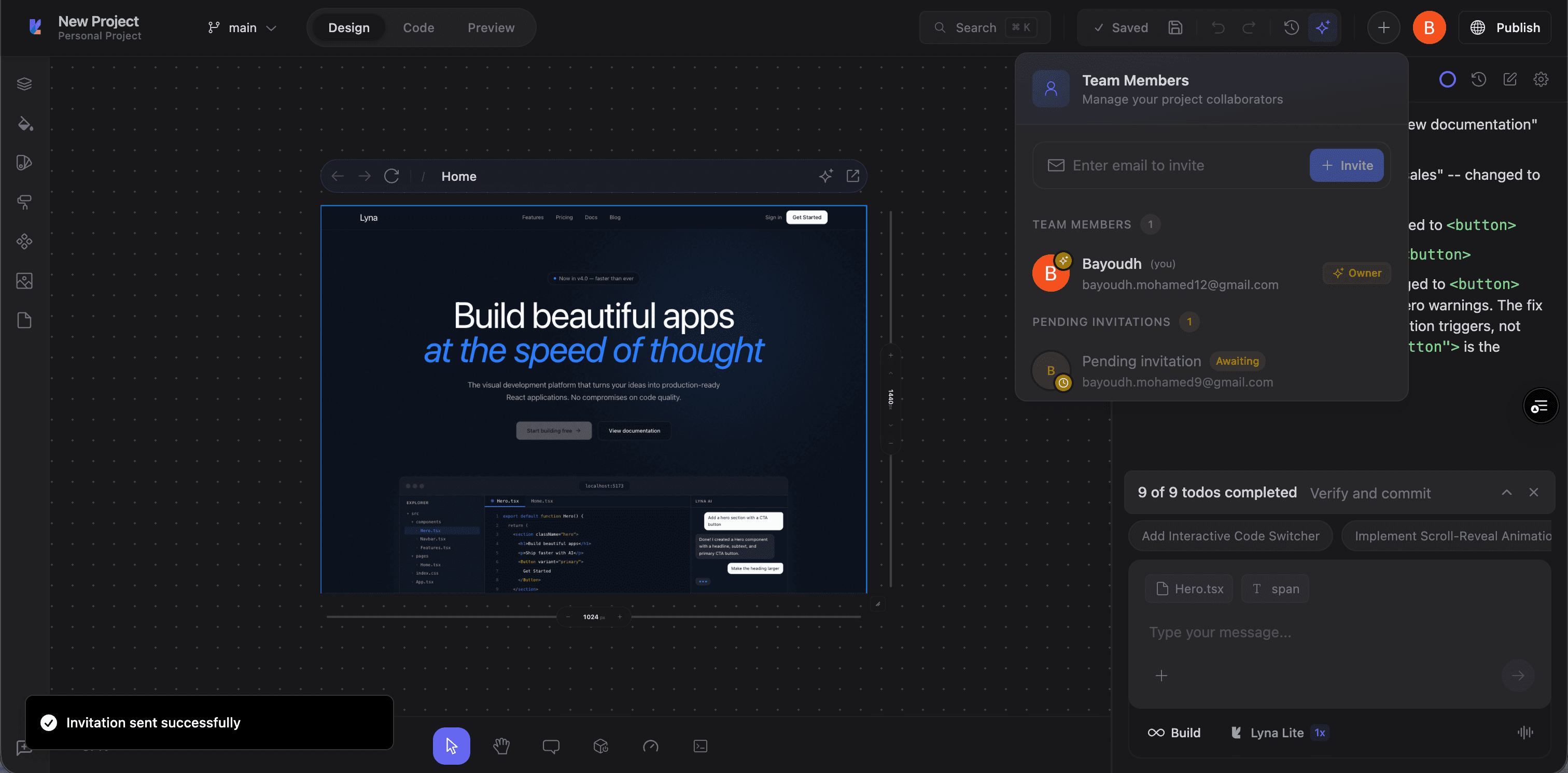 Team Members panel showing member list with roles and pending invitations