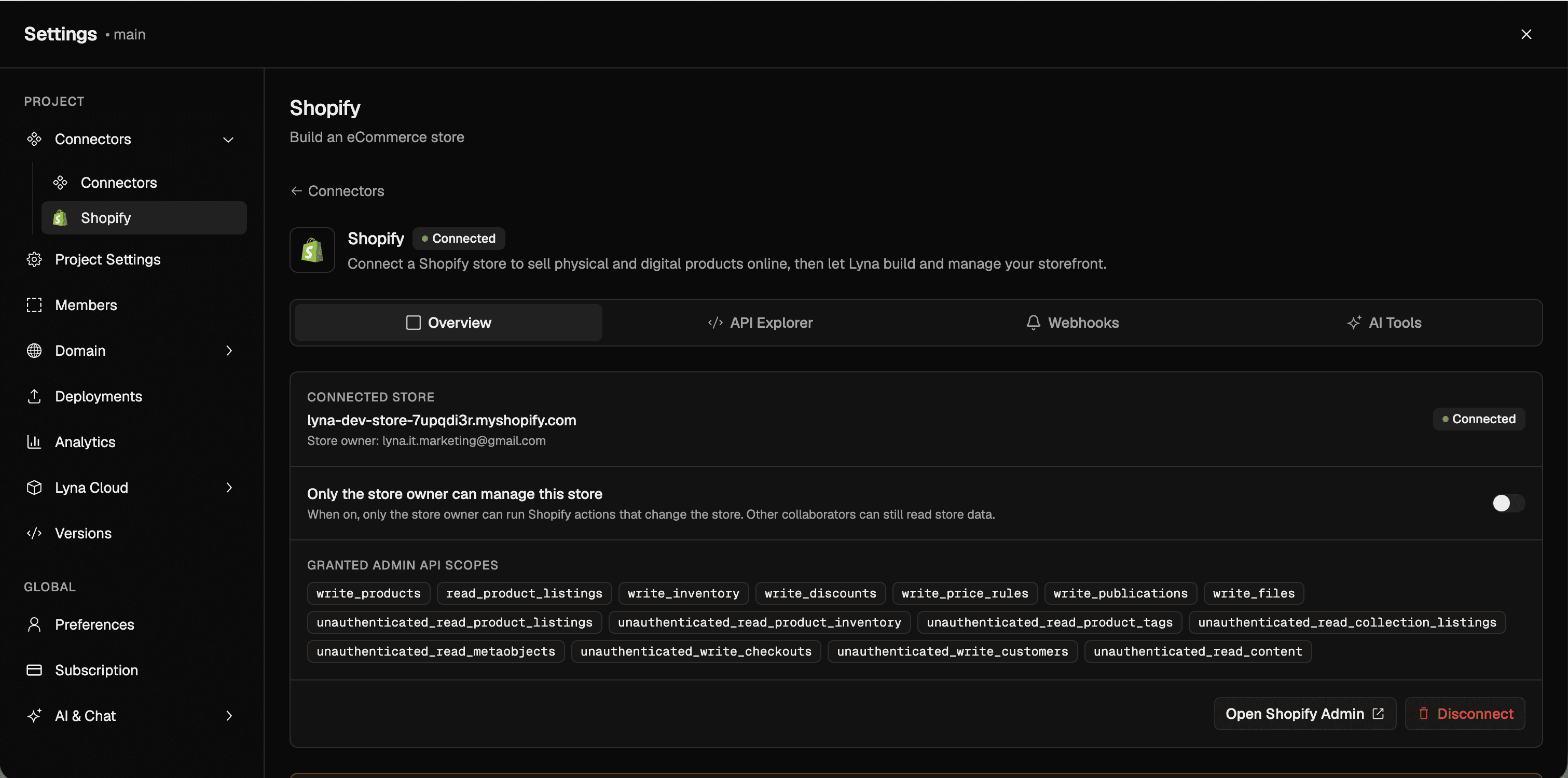 Connected Shopify store overview in Lyna settings