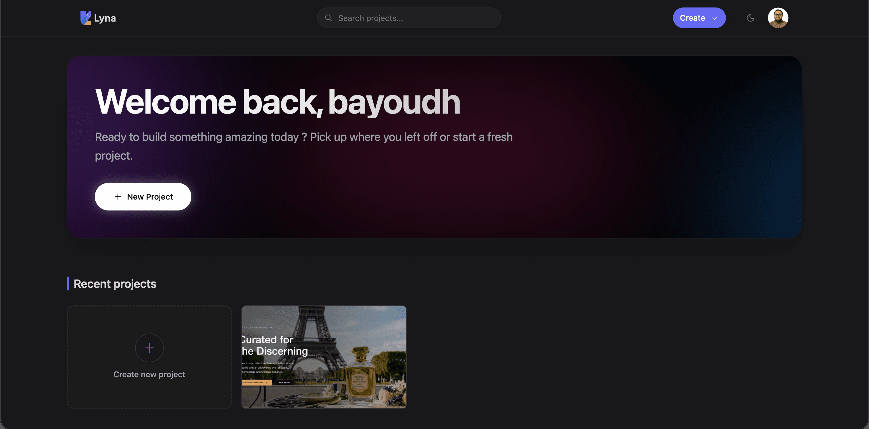 Dashboard welcome page showing recent projects grid and New Project button