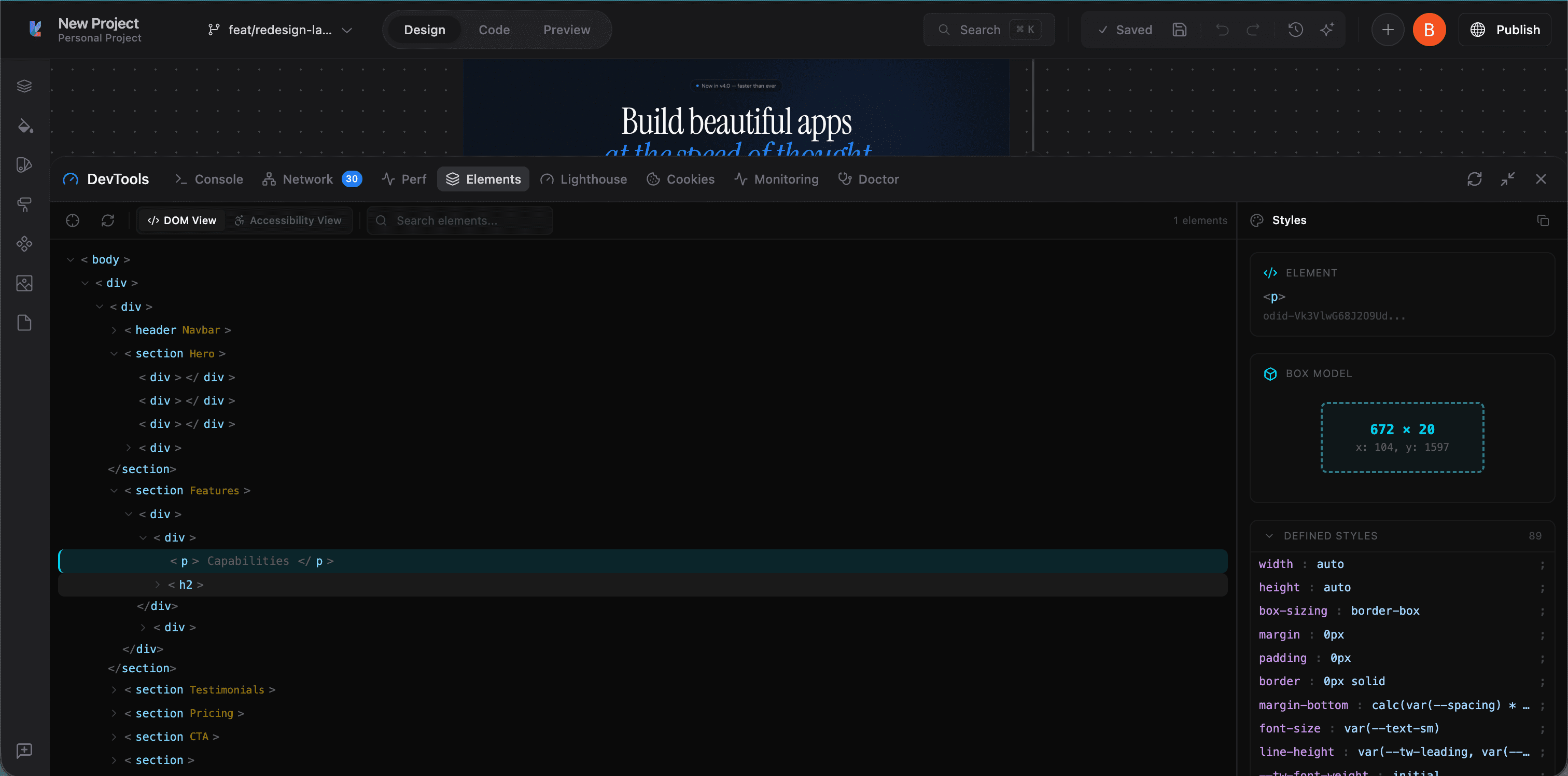 Elements inspector with DOM tree and styles