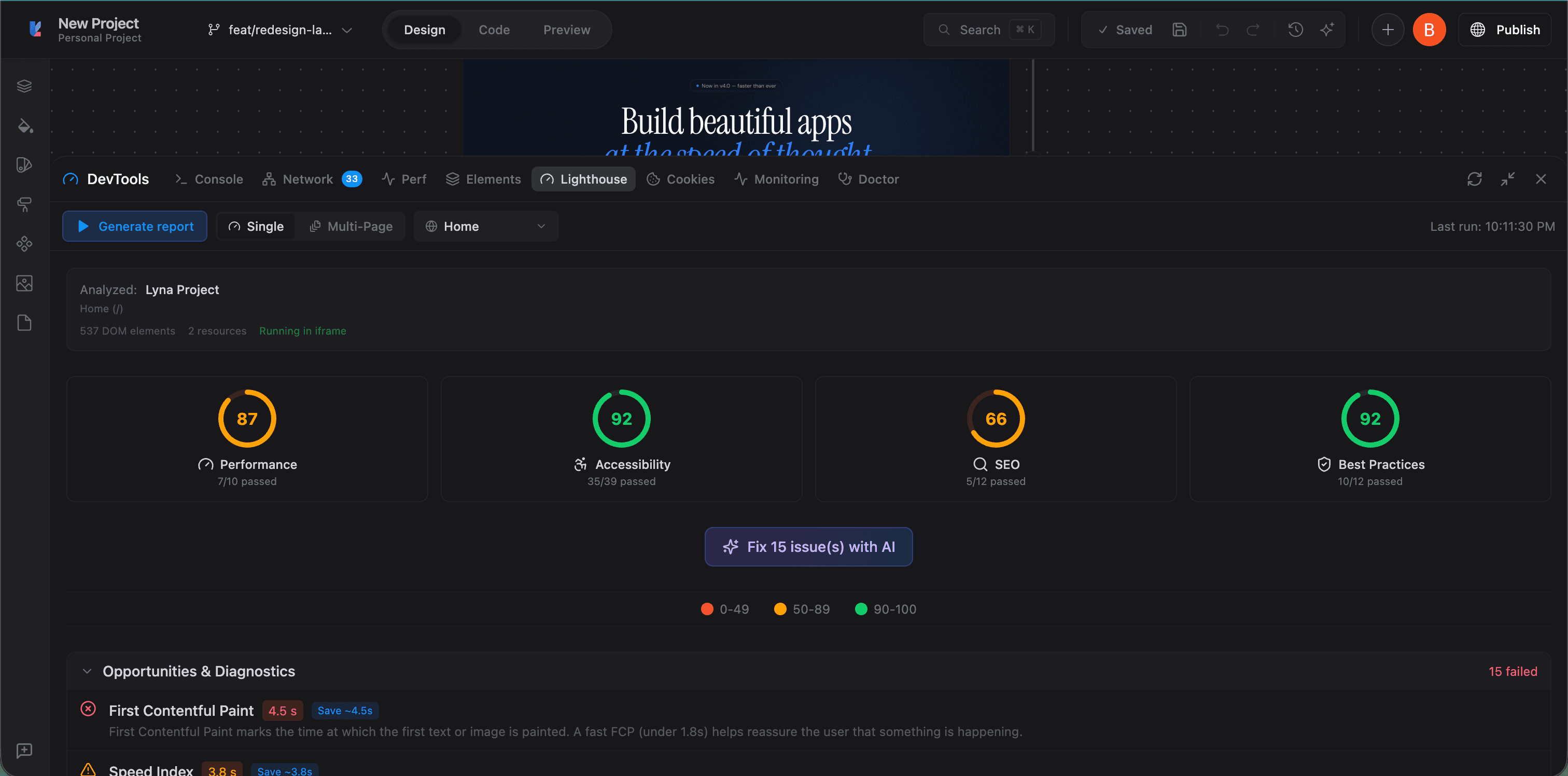 Lighthouse results with scores