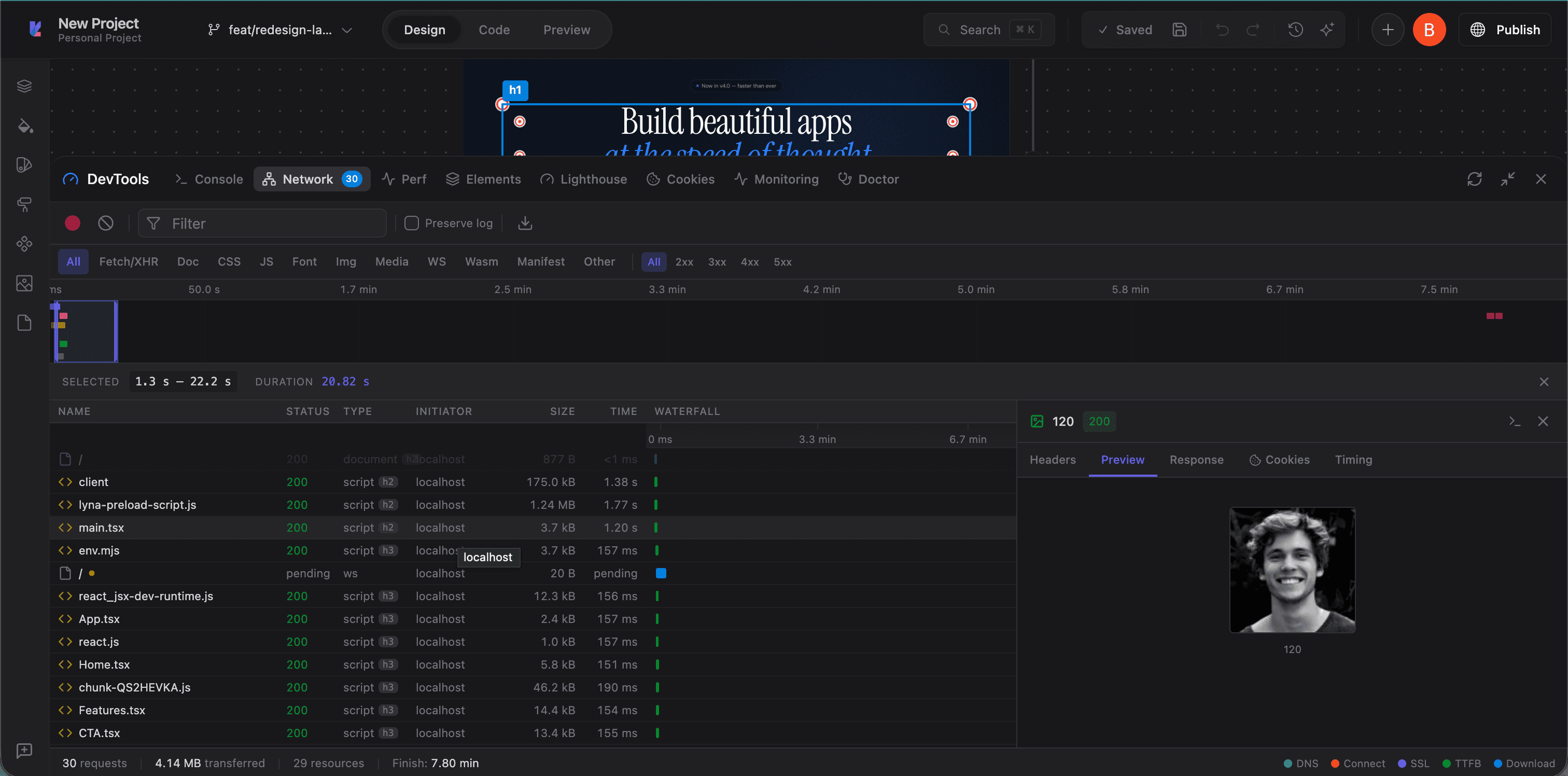 Network tab - all requests with waterfall