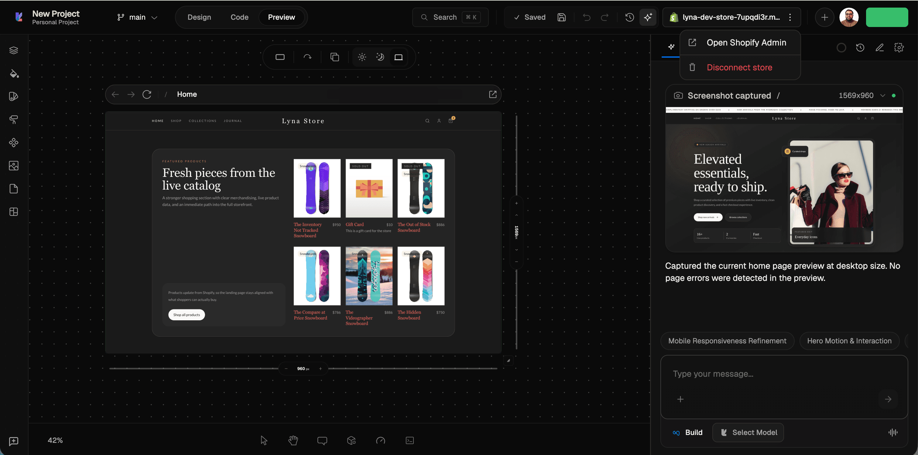 Shopify pill and menu in the project top bar