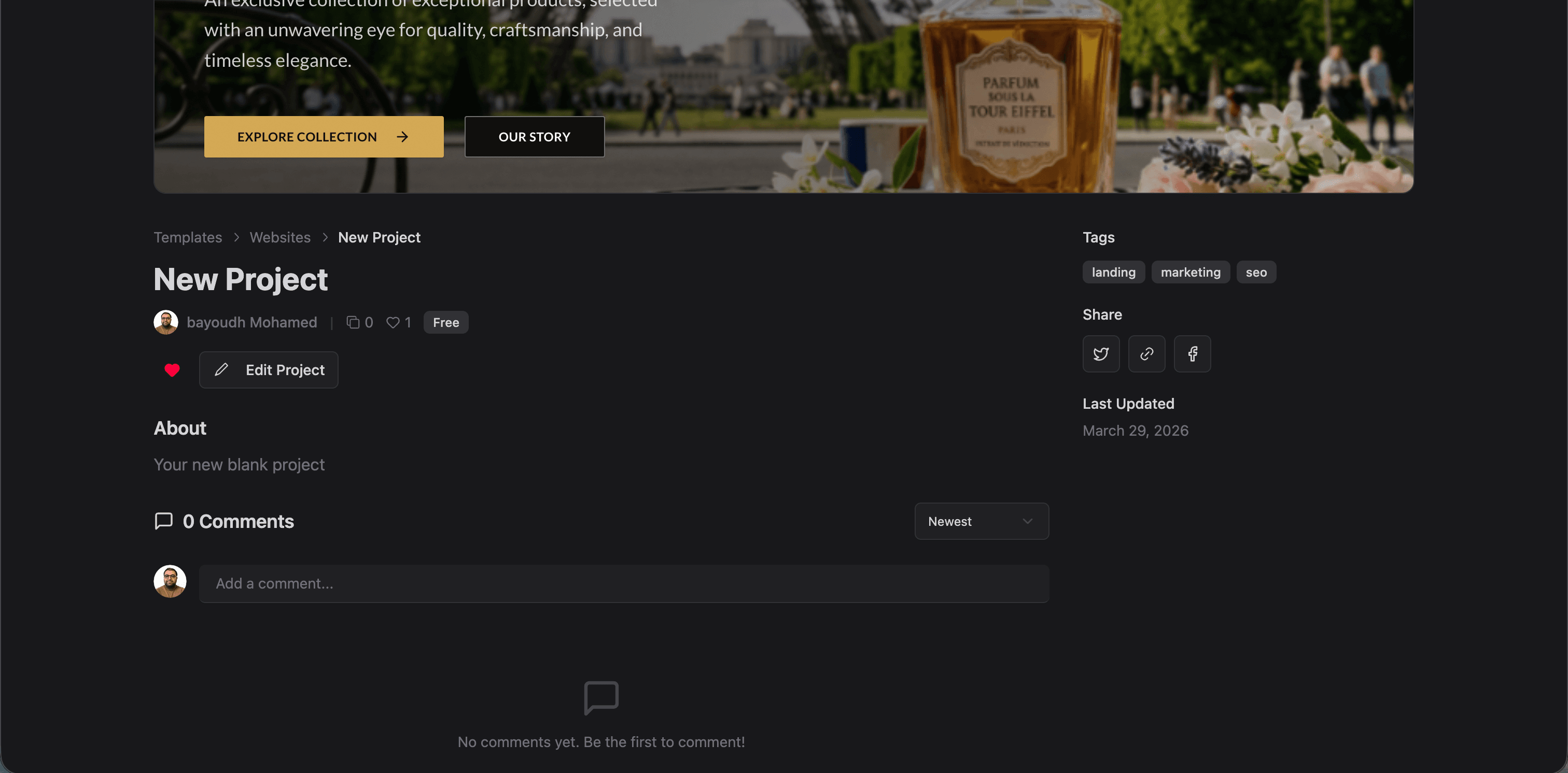 Explore gallery project detail showing preview, breadcrumbs, author info, clone and like counts, tags, and comments