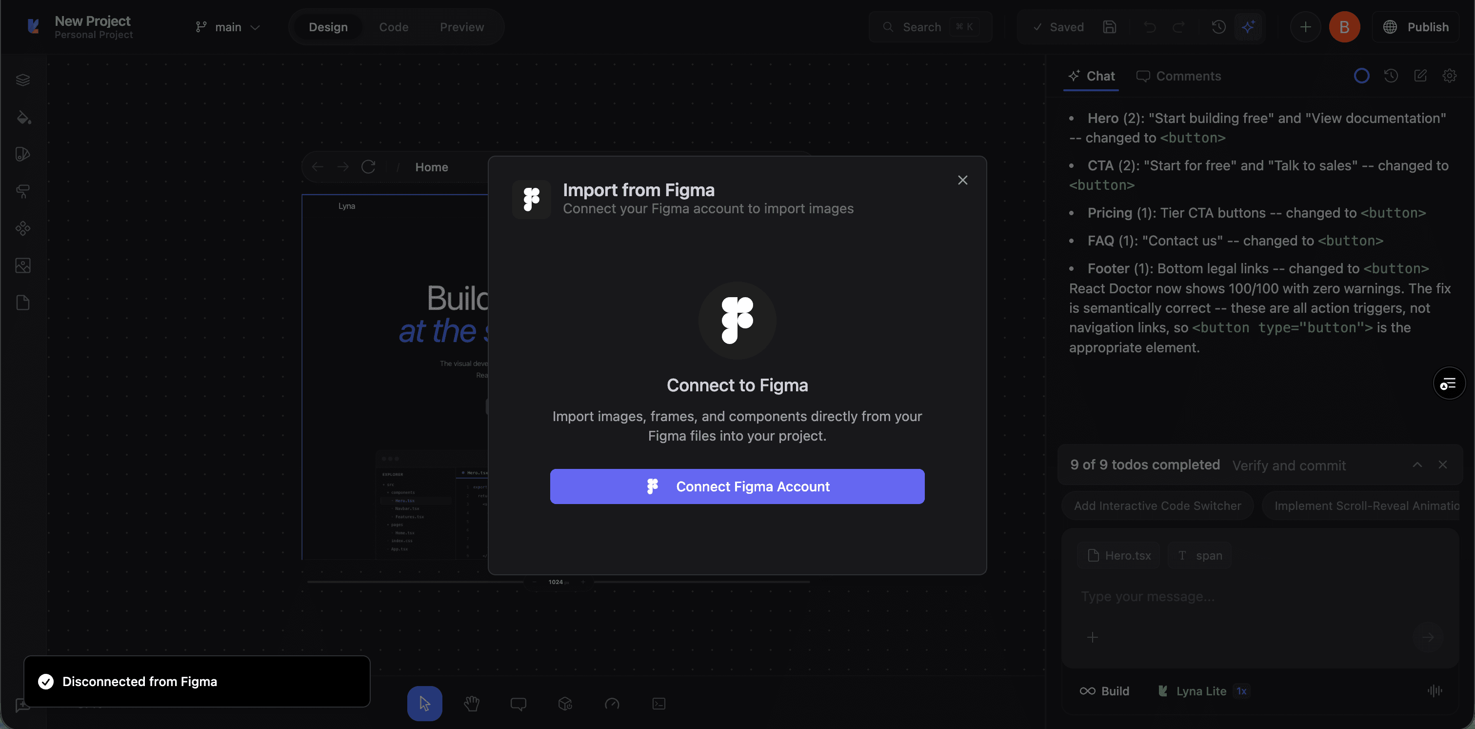 Connect to Figma dialog showing the connection button and disconnected status