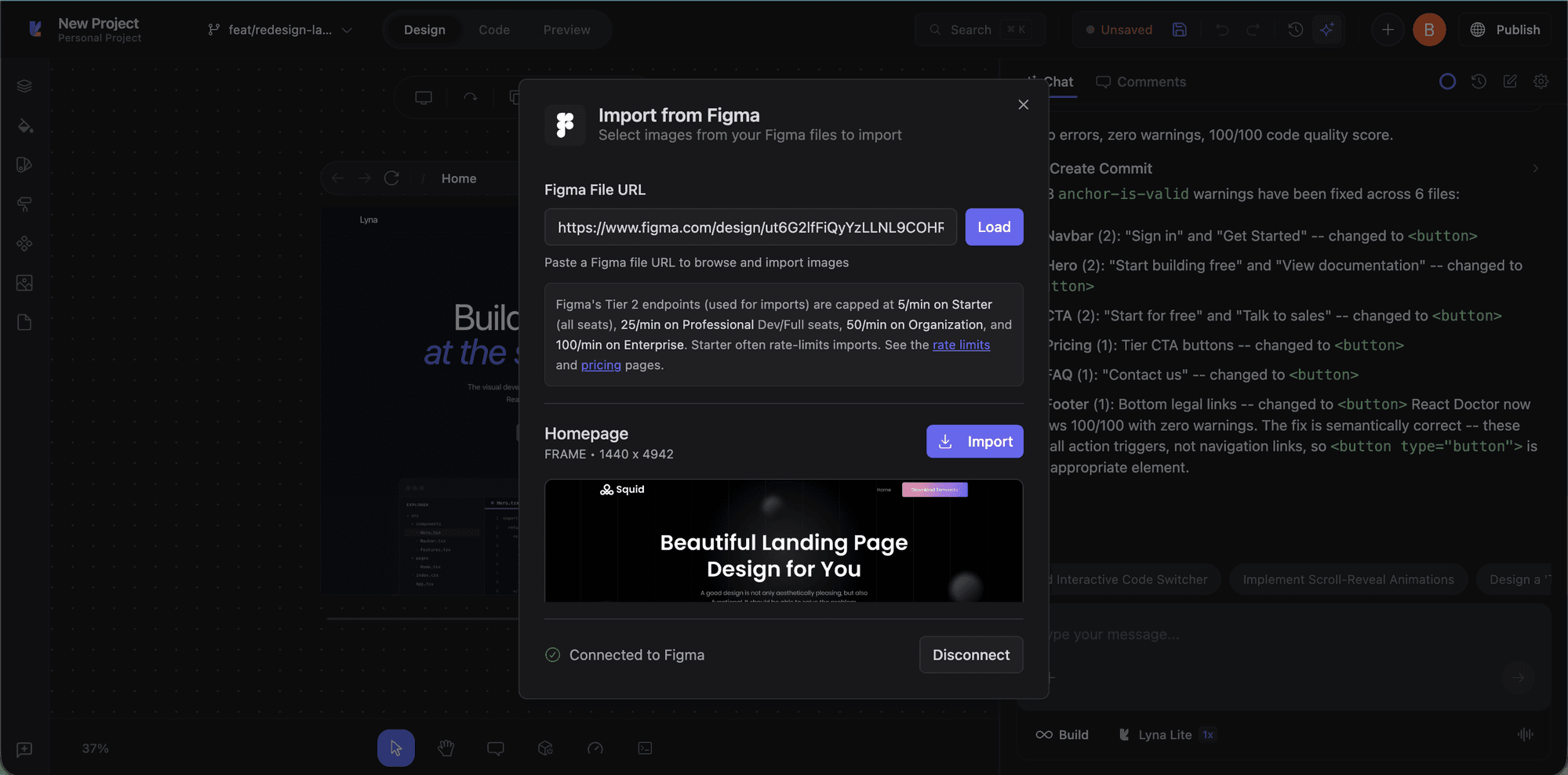 Figma import with a loaded design ready to import