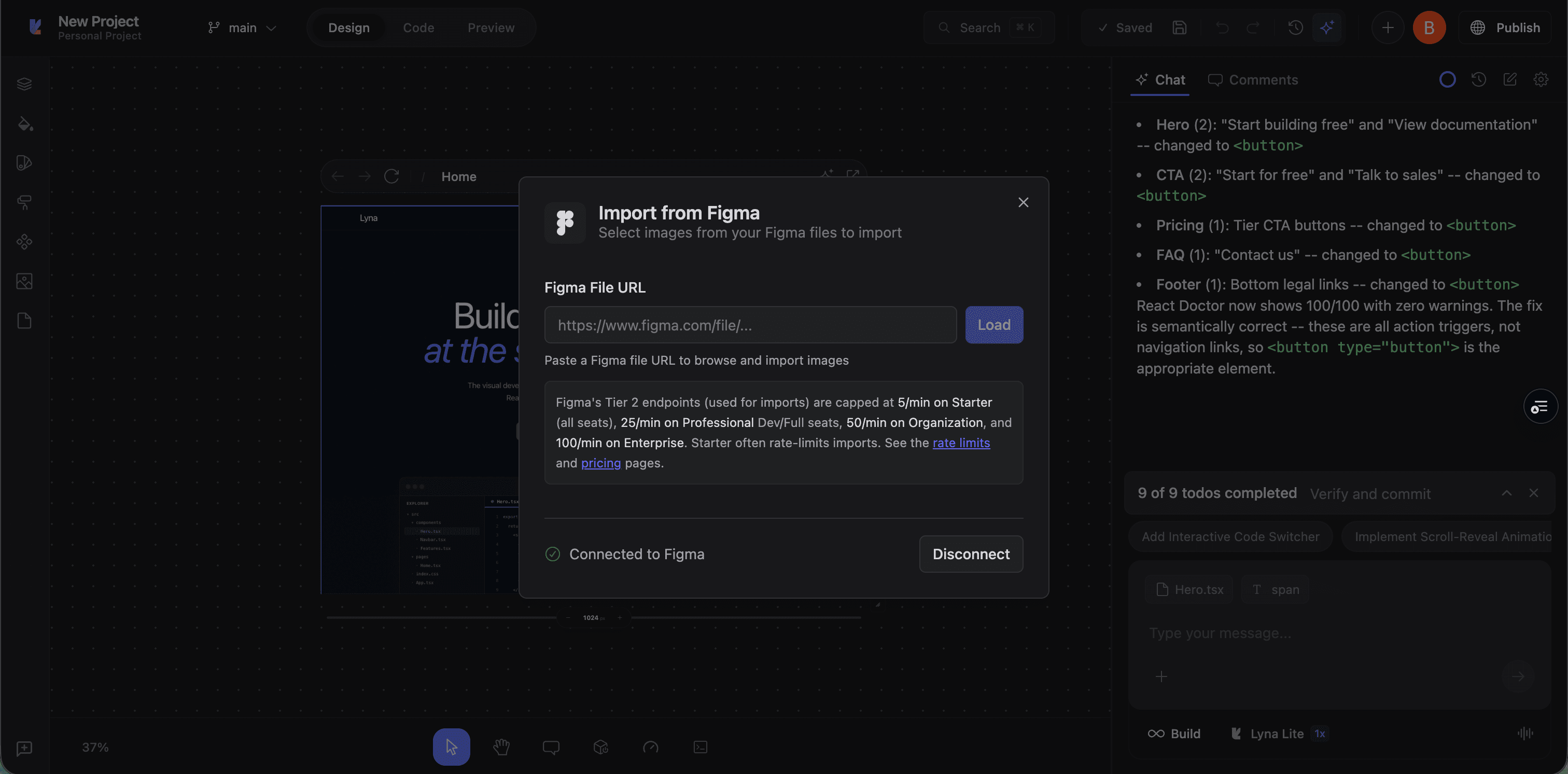 Import from Figma dialog with URL input and connected status