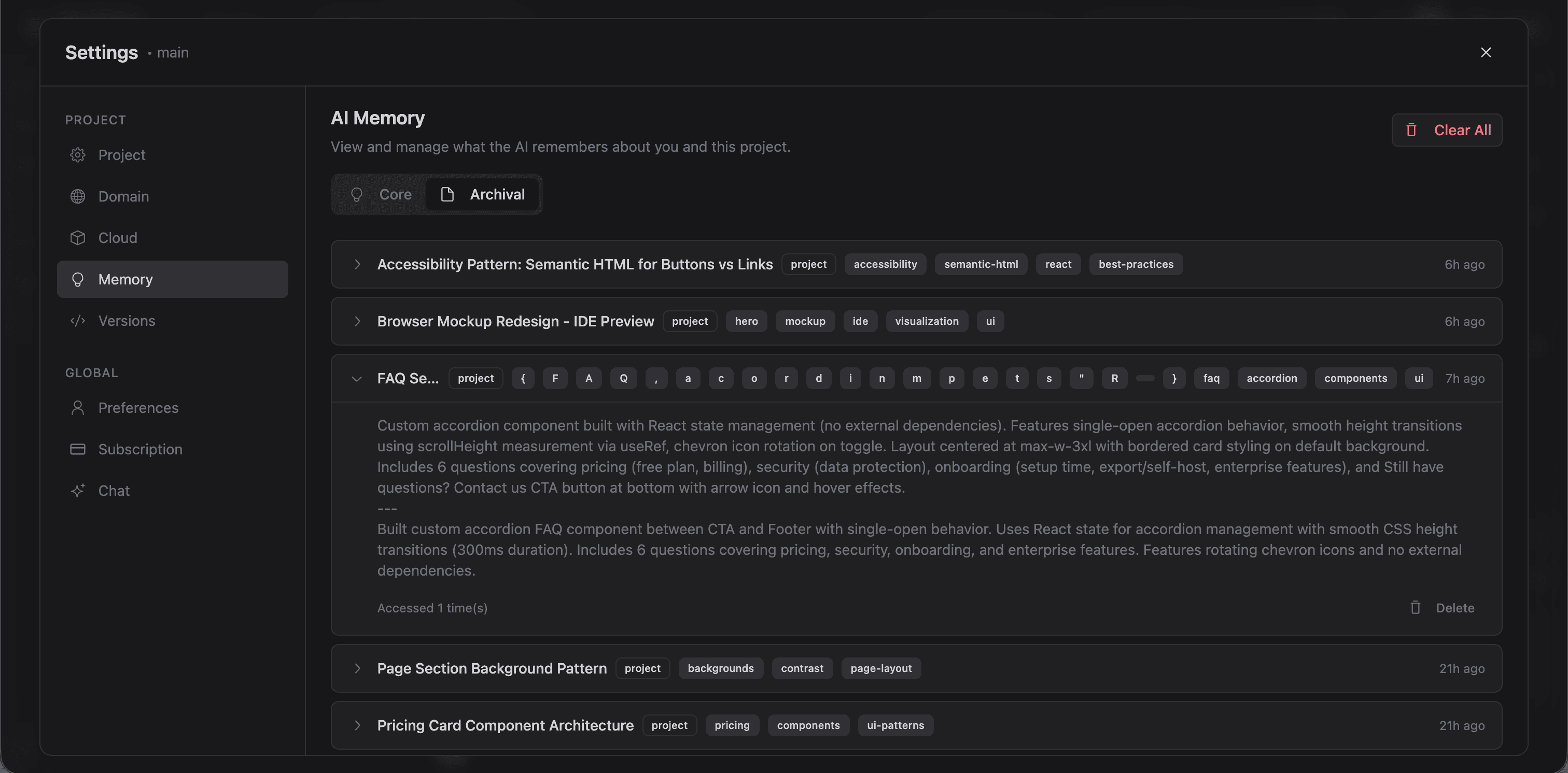 AI Memory page with Core and Archival tabs showing tagged memory entries