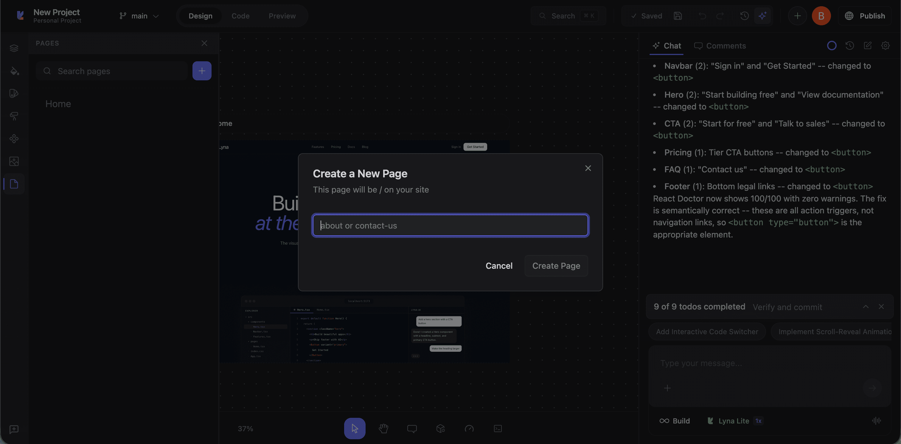 Create a New Page dialog with URL slug input