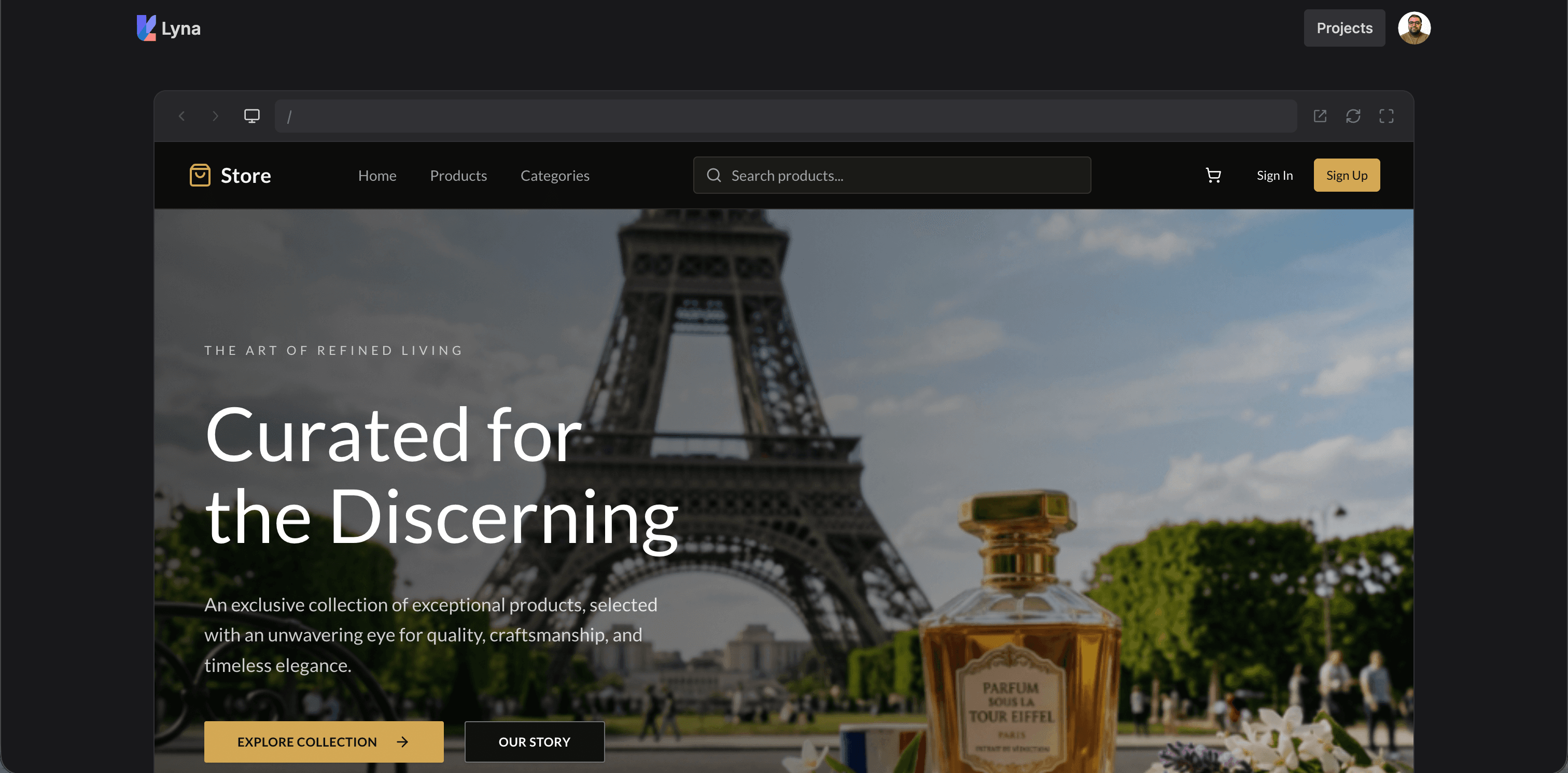 Published app preview showing a live site as visitors see it with Lyna branding bar