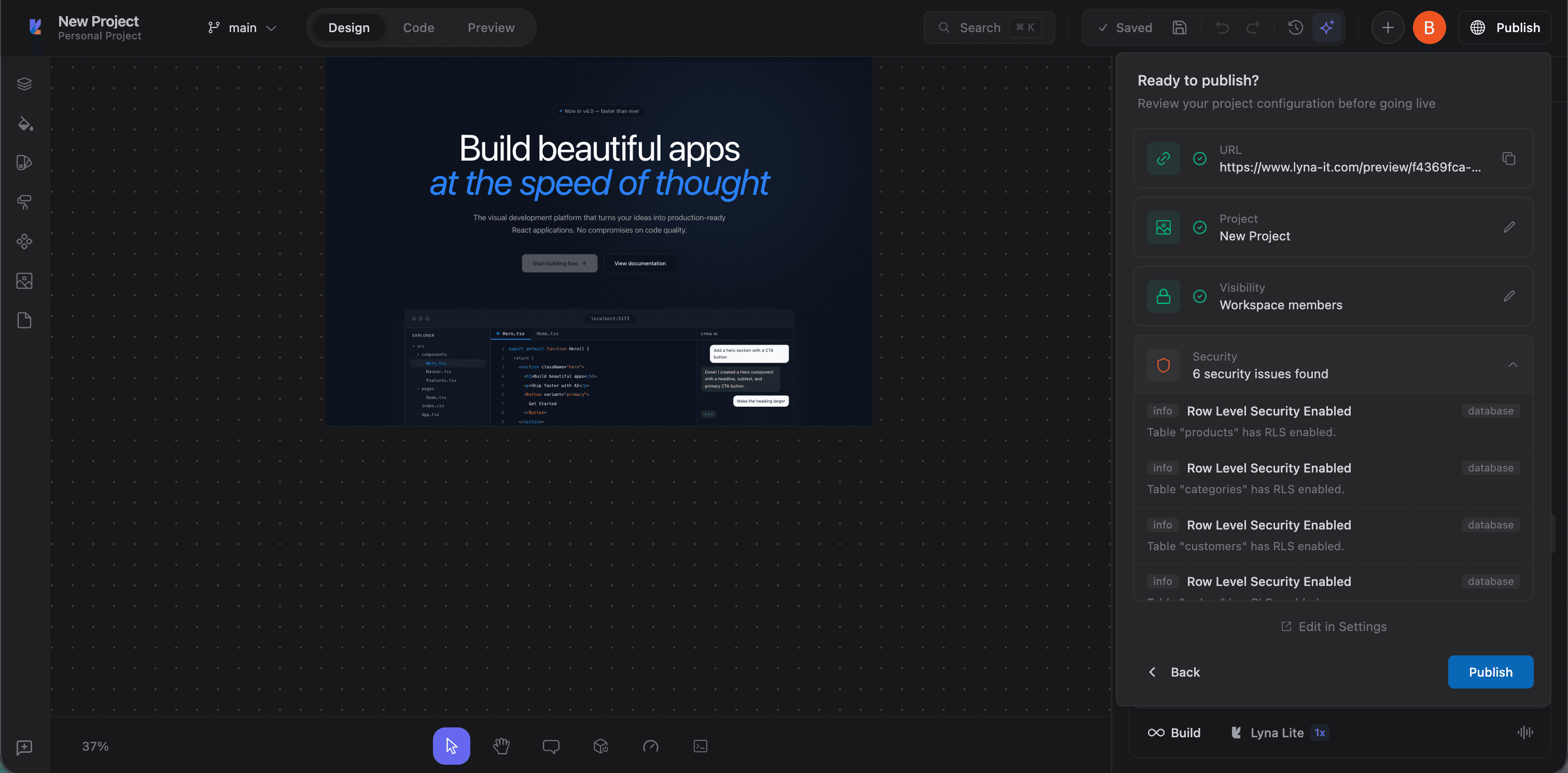 Ready to publish panel showing URL preview, project name, visibility settings, and security scan results
