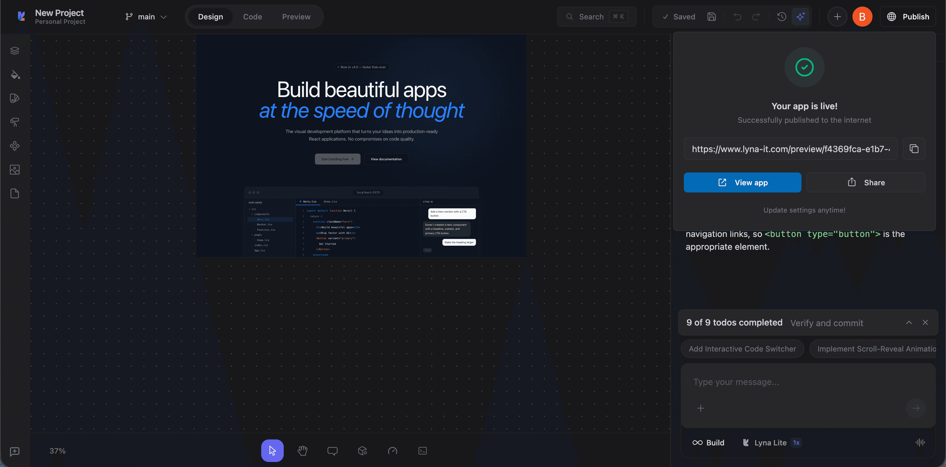 Your app is live success screen with green checkmark, published URL, and share buttons