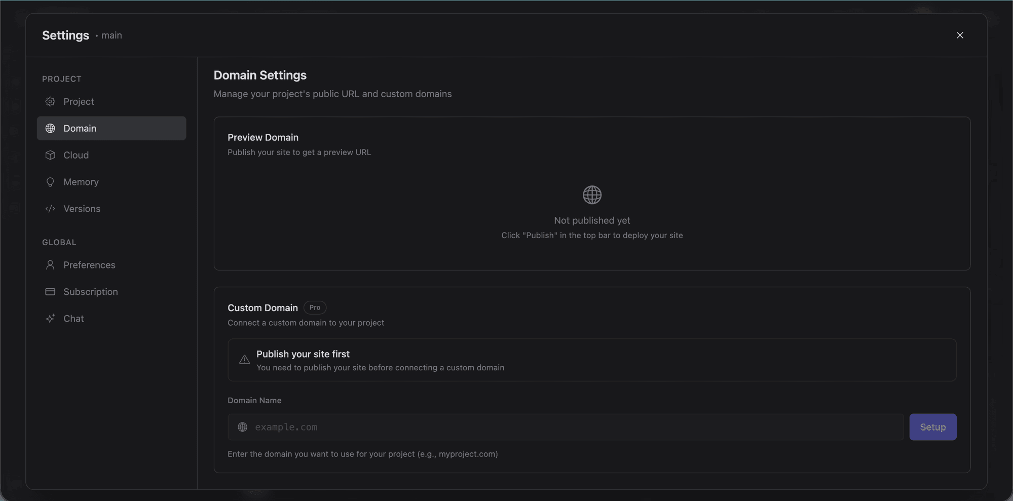 Domain settings with preview domain and custom domain configuration