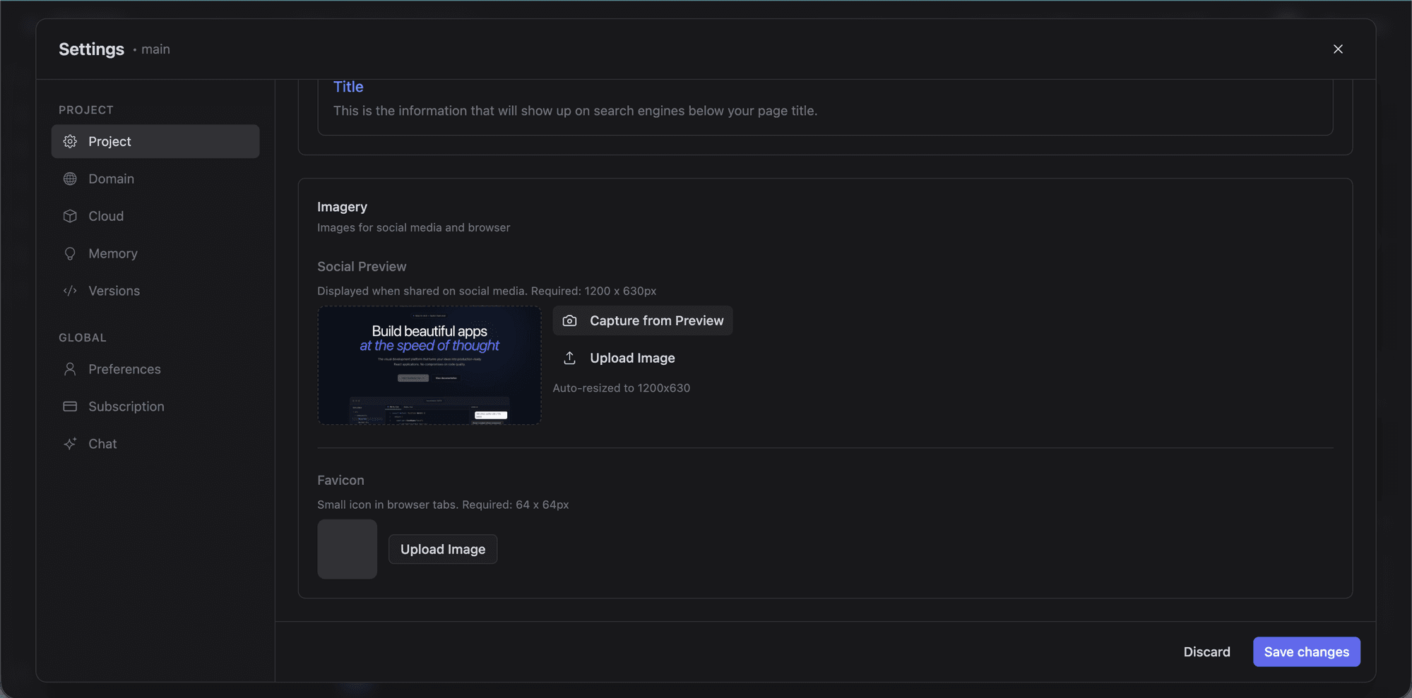 Project imagery settings with social preview and favicon