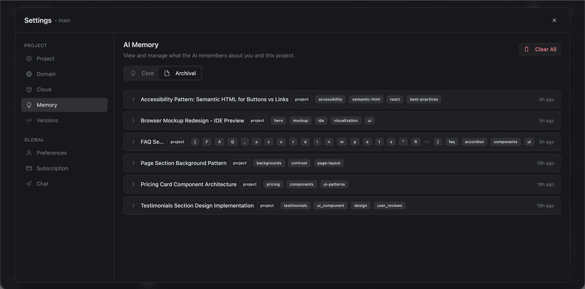 AI Memory archival view with tagged memories