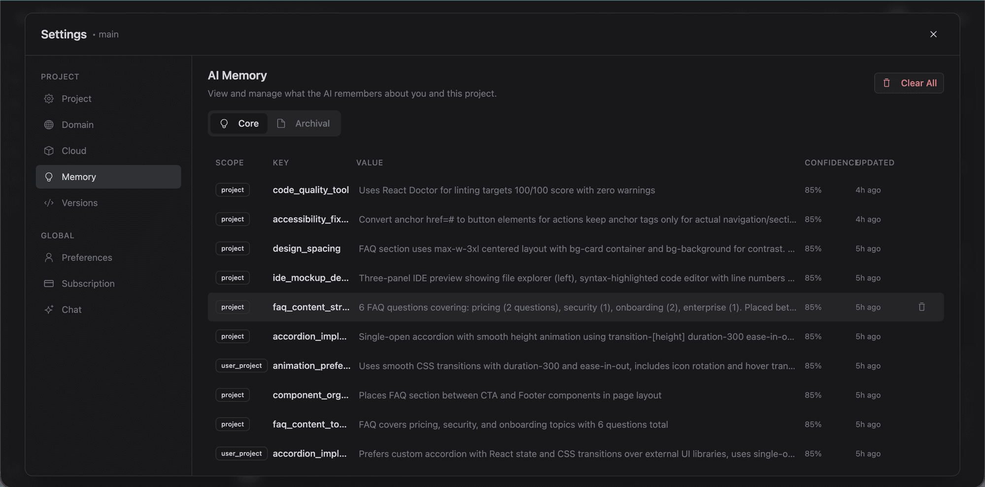 AI Memory core view with scope, key, value, and confidence