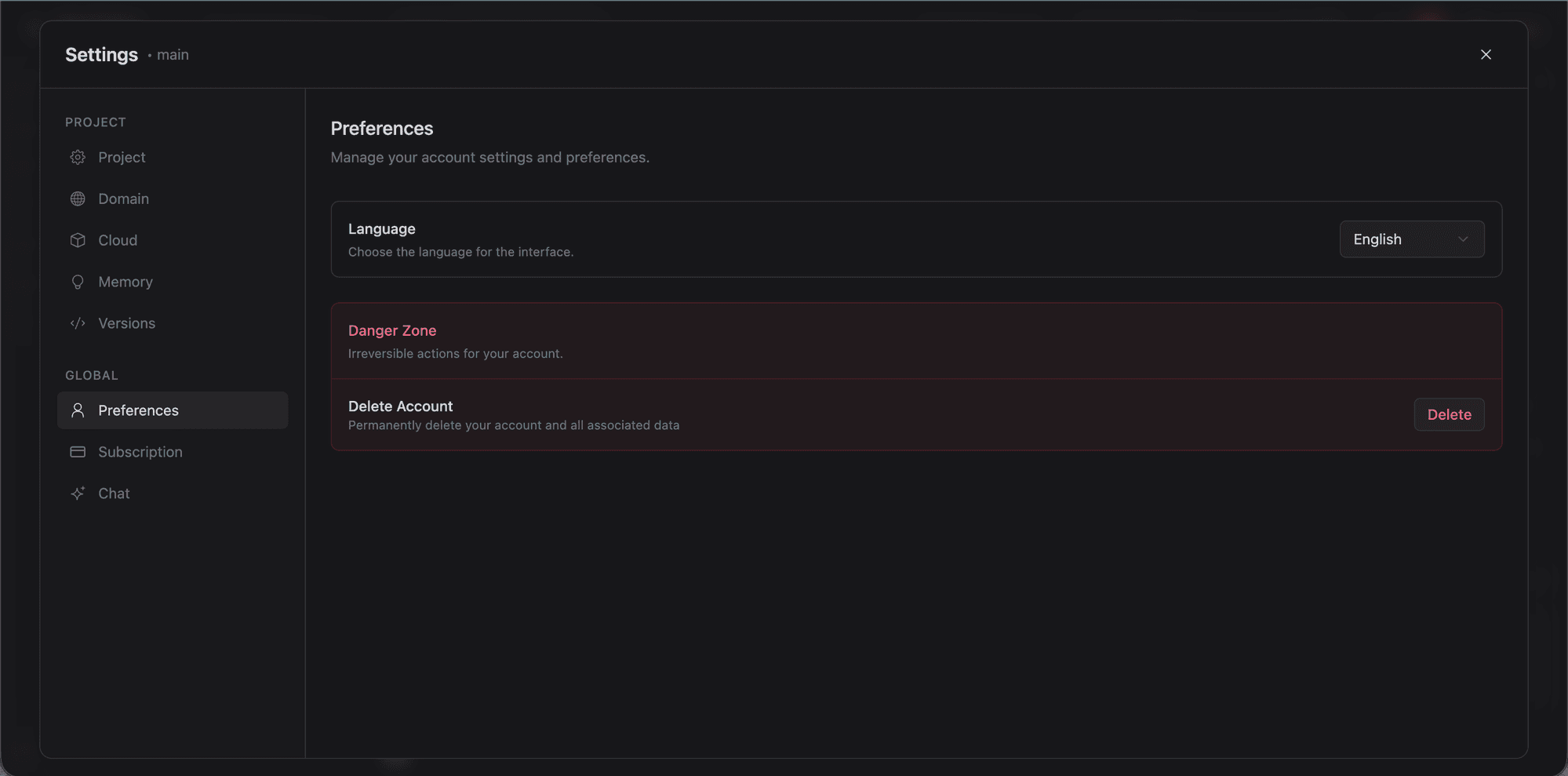 Preferences with language and account settings